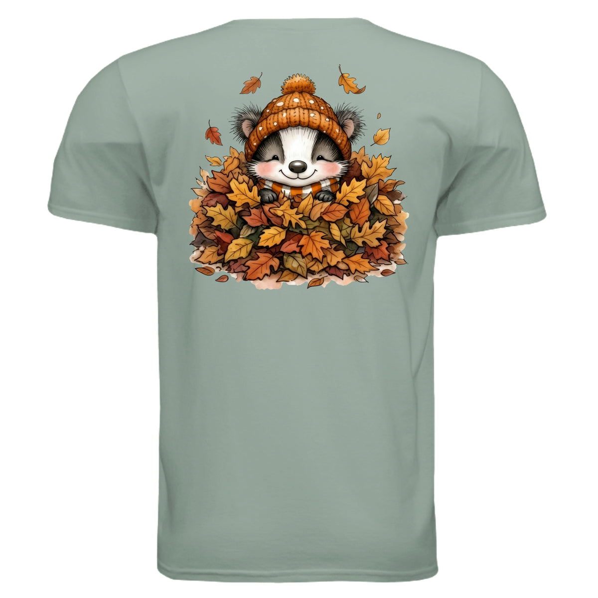 Leaf Pile Badger Pocket Tee – Full Back Graphic featuring a badger in leaves, perfect fall graphic pocket tee design.