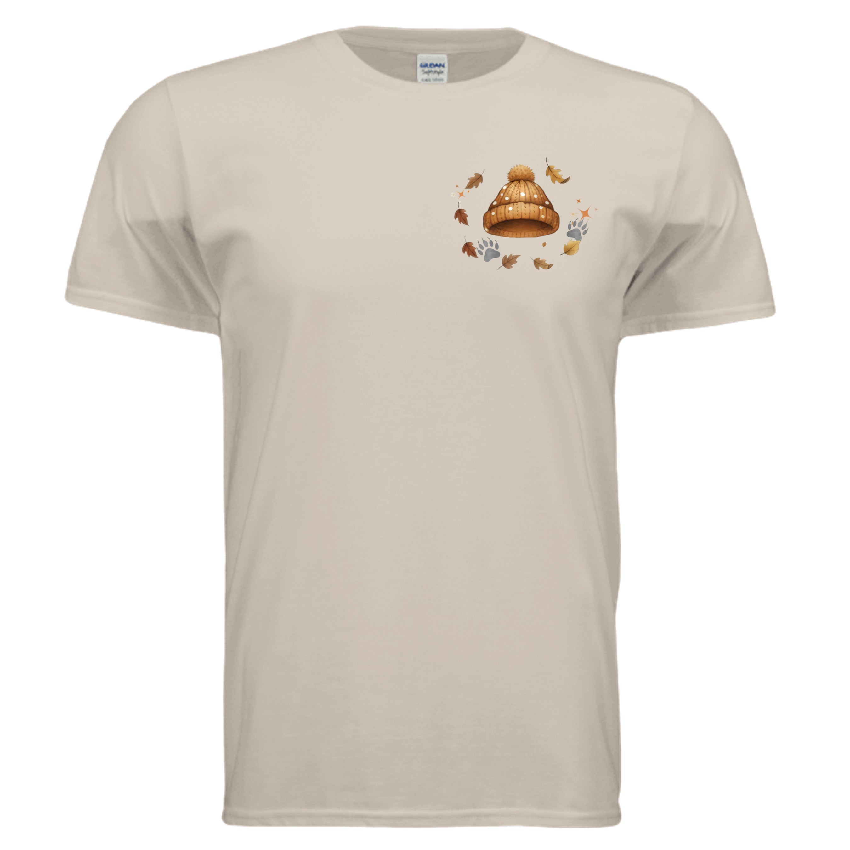 Leaf Pile Badger Pocket Tee in sand color featuring fall graphic pocket tee design with beanie and leaves.