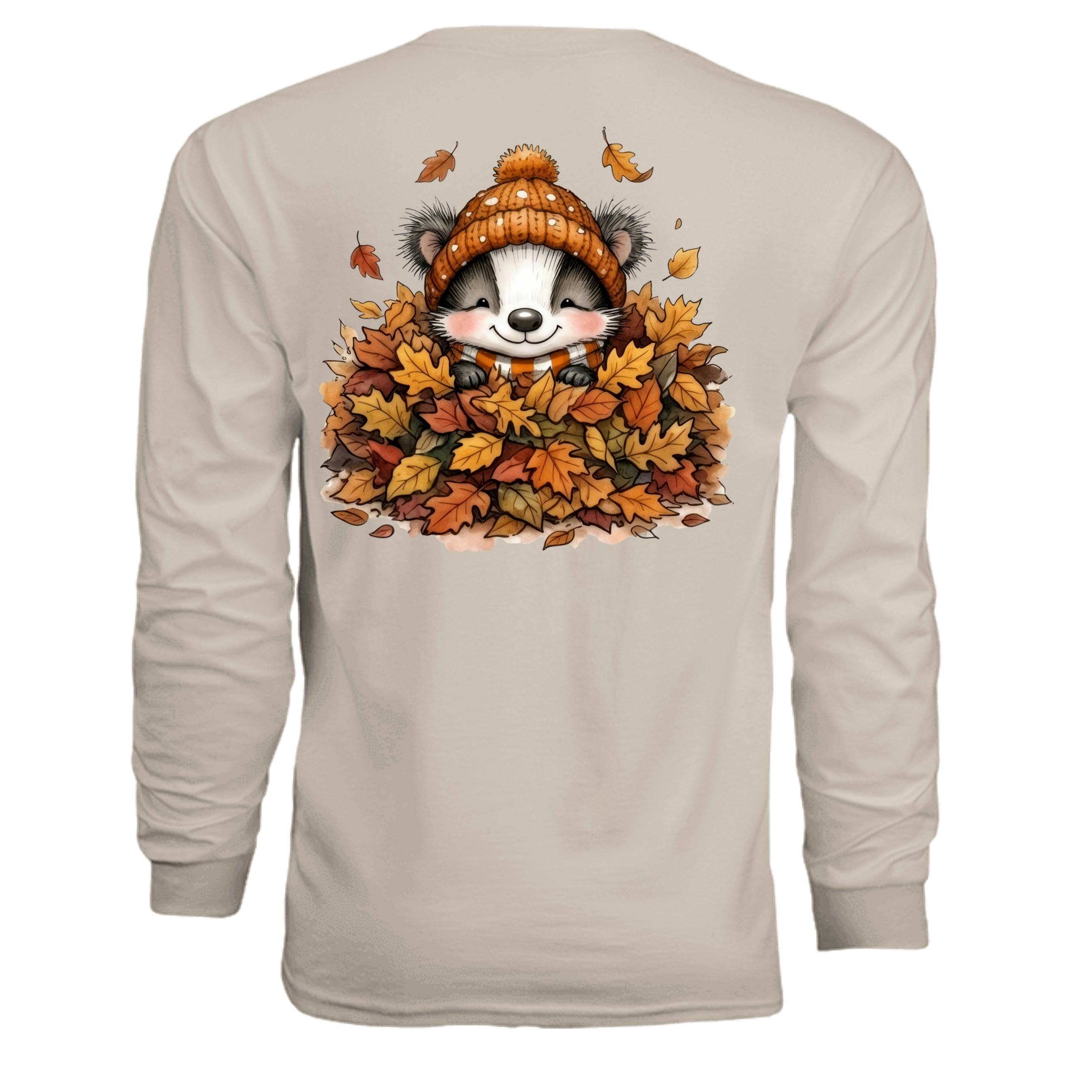 Leaf Pile Badger Long Sleeve Tee displaying fall graphic, with playful badger and autumn leaves design on the back.