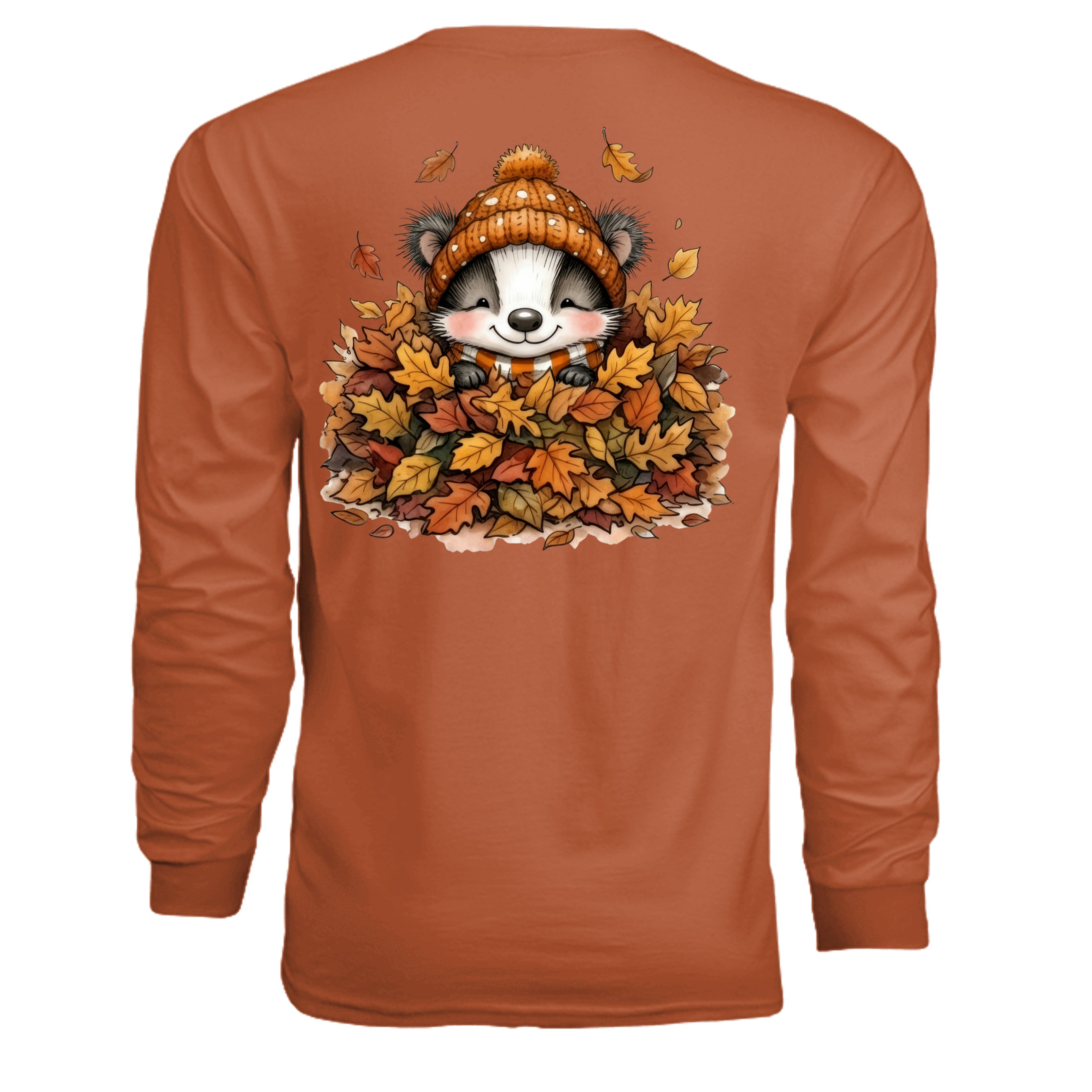 fall graphic long sleeve tee featuring a playful badger in a pile of autumn leaves.
