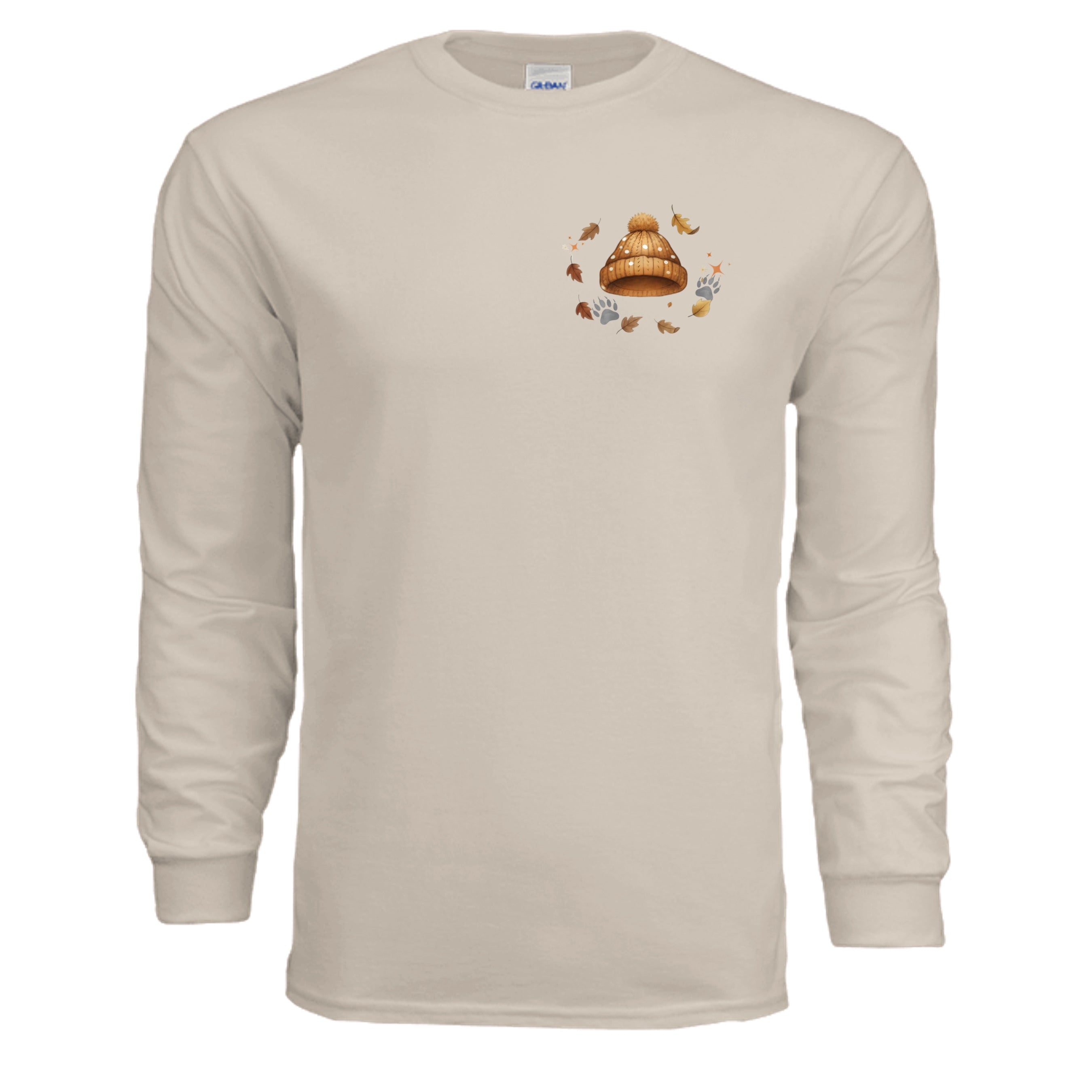 fall graphic long sleeve tee in sand color featuring playful beanie and autumn leaves design