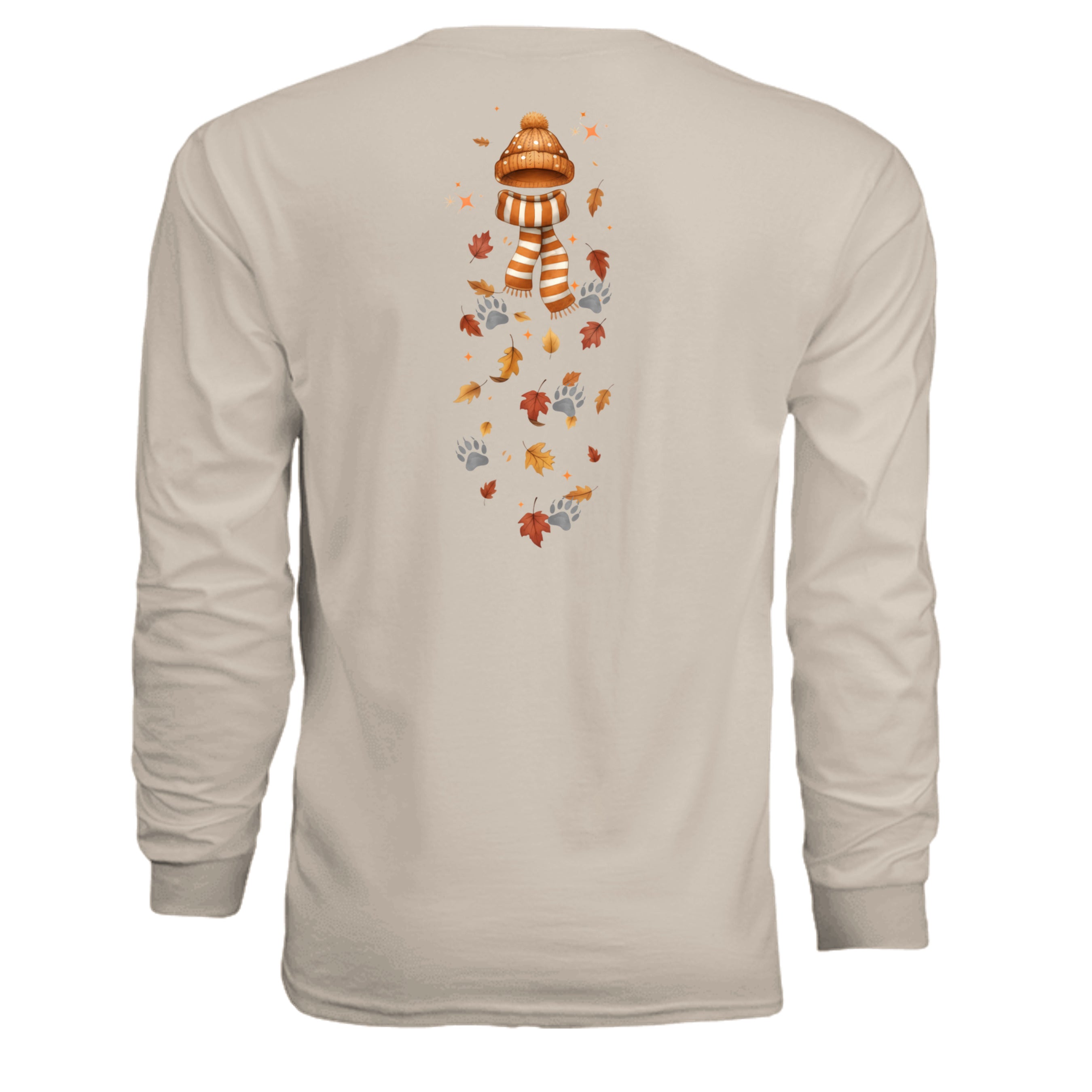 Leaf Pile Badger Long Sleeve Tee featuring back graphic of a hat, scarf, and autumn leaves.