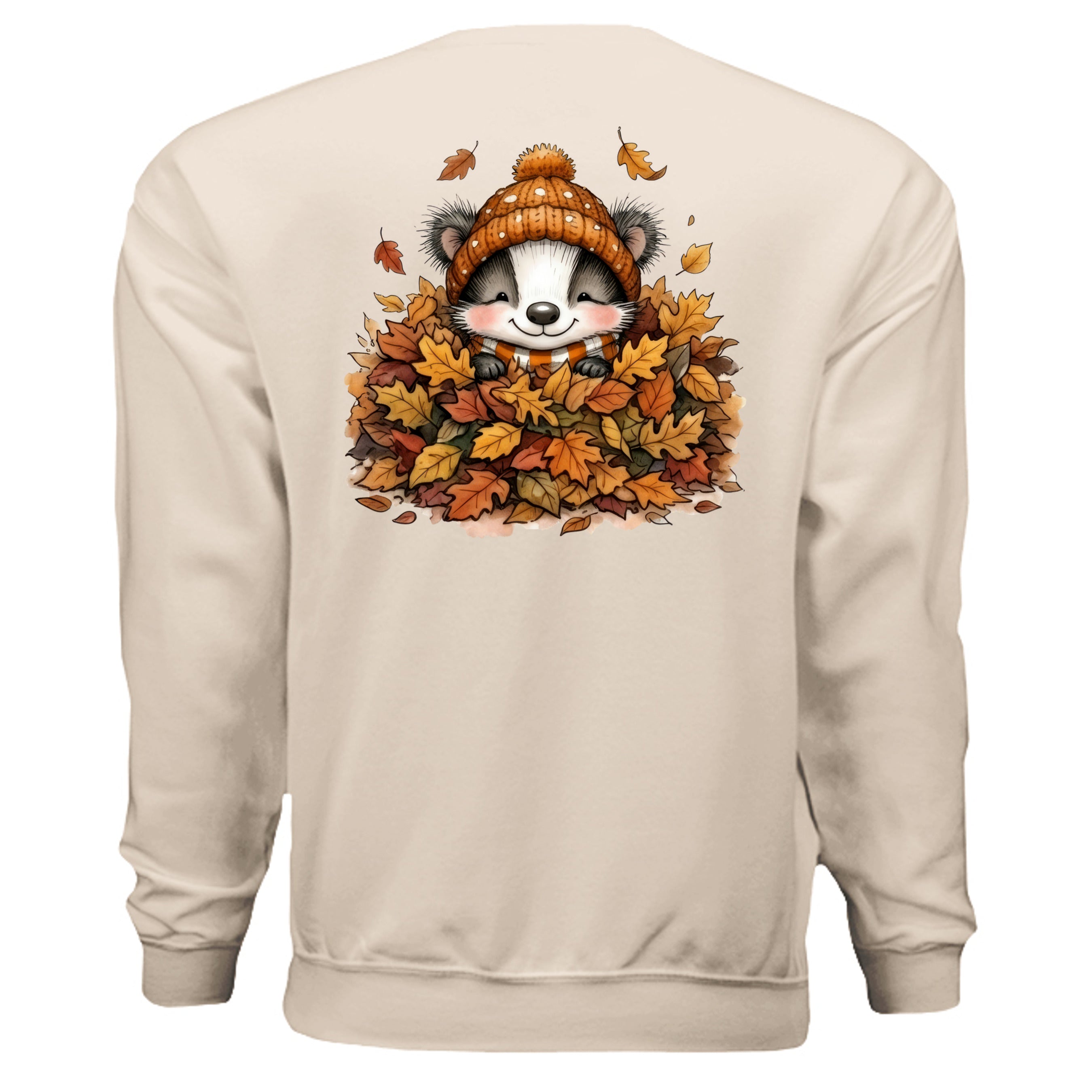 Leaf Pile Badger Sweatshirt featuring a cute badger in a leaf pile on the back, perfect for fall fashion.