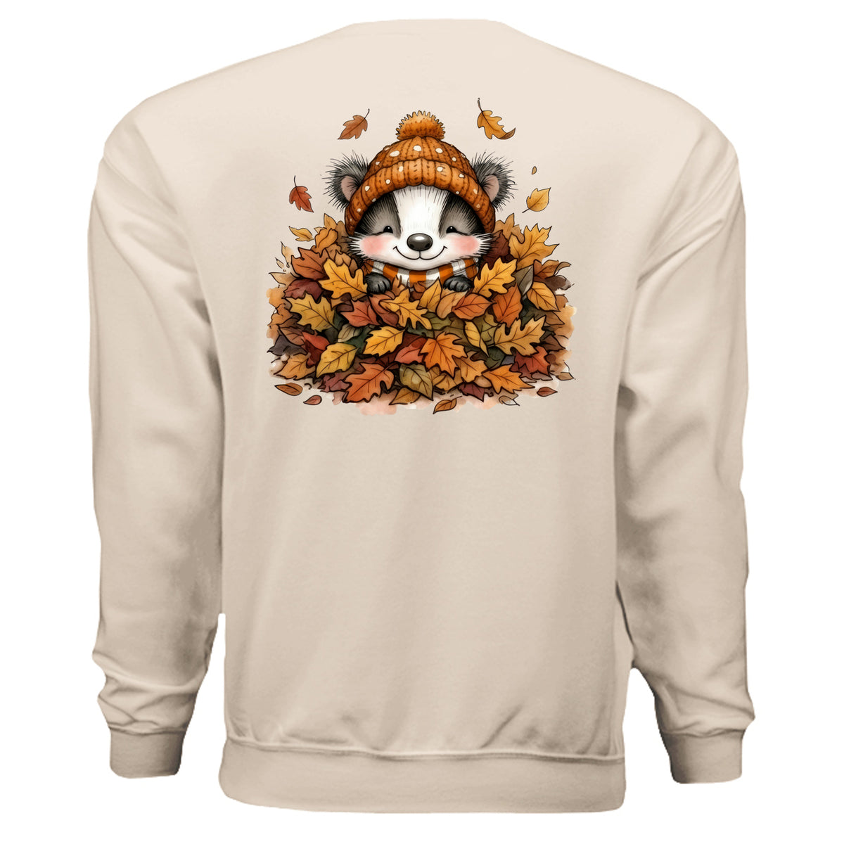 Leaf Pile Badger Sweatshirt featuring a cute badger in a leaf pile on the back, perfect for fall fashion.