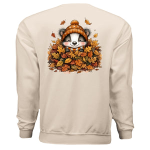 Leaf Pile Badger Sweatshirt featuring a cute badger in a leaf pile on the back, perfect for fall fashion.