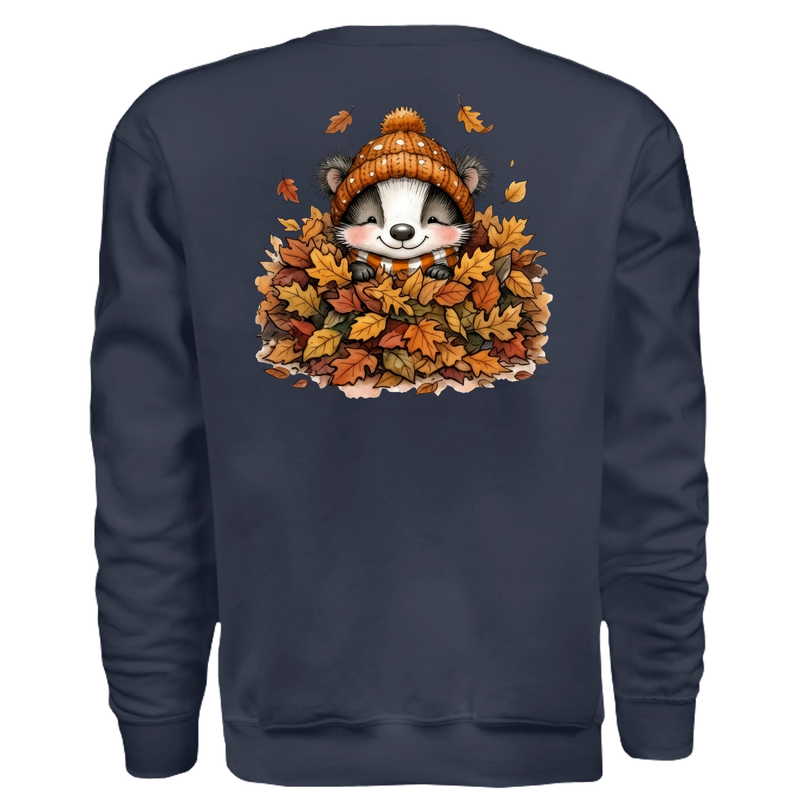 Leaf Pile Badger Sweatshirt featuring cute badger in a pile of autumn leaves with a cozy beanie.
