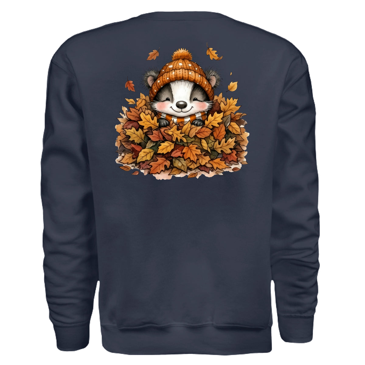 Leaf Pile Badger Sweatshirt featuring cute badger in a pile of autumn leaves with a cozy beanie.