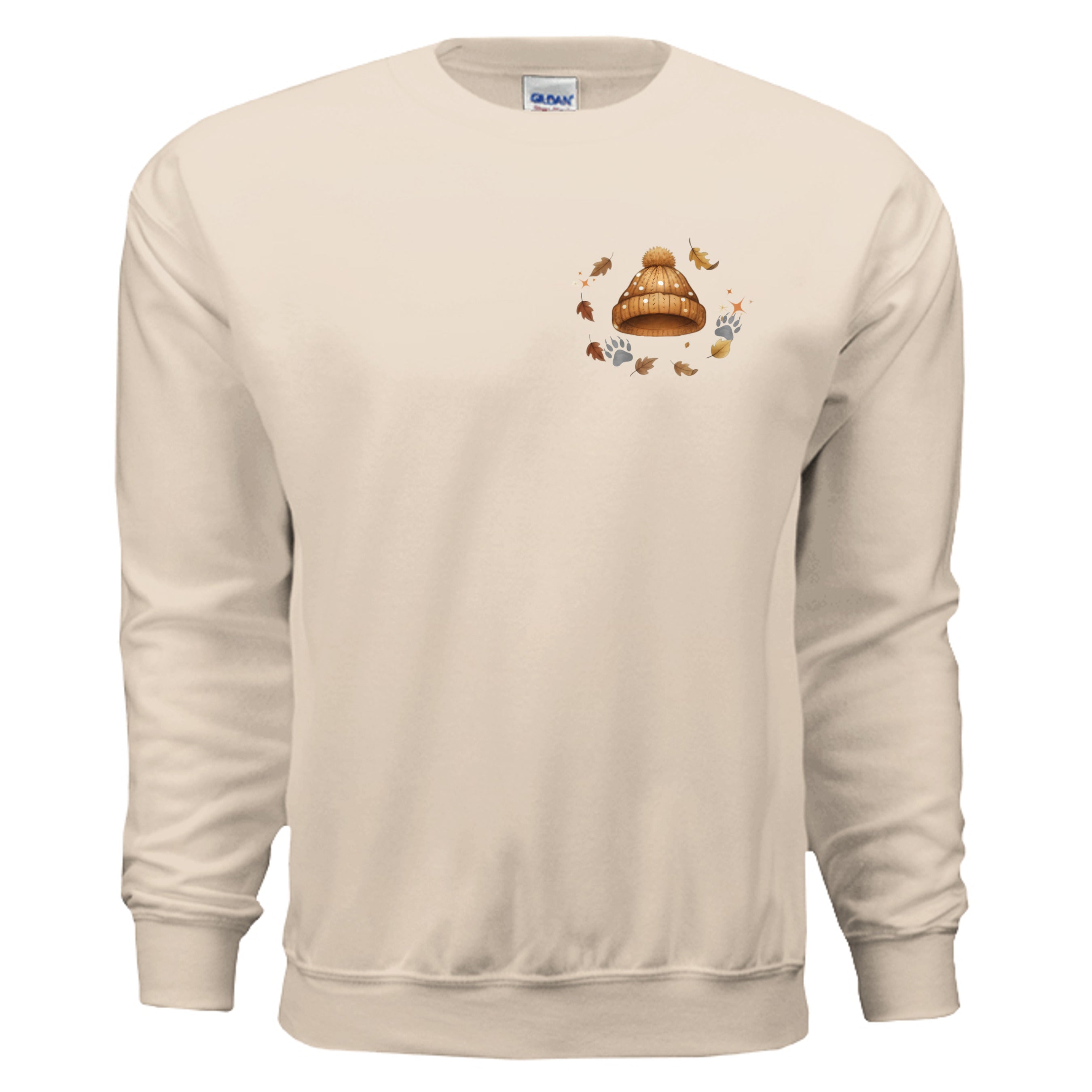 Leaf Pile Badger Sweatshirt in sand color with chest pocket logo and winter hat graphic.