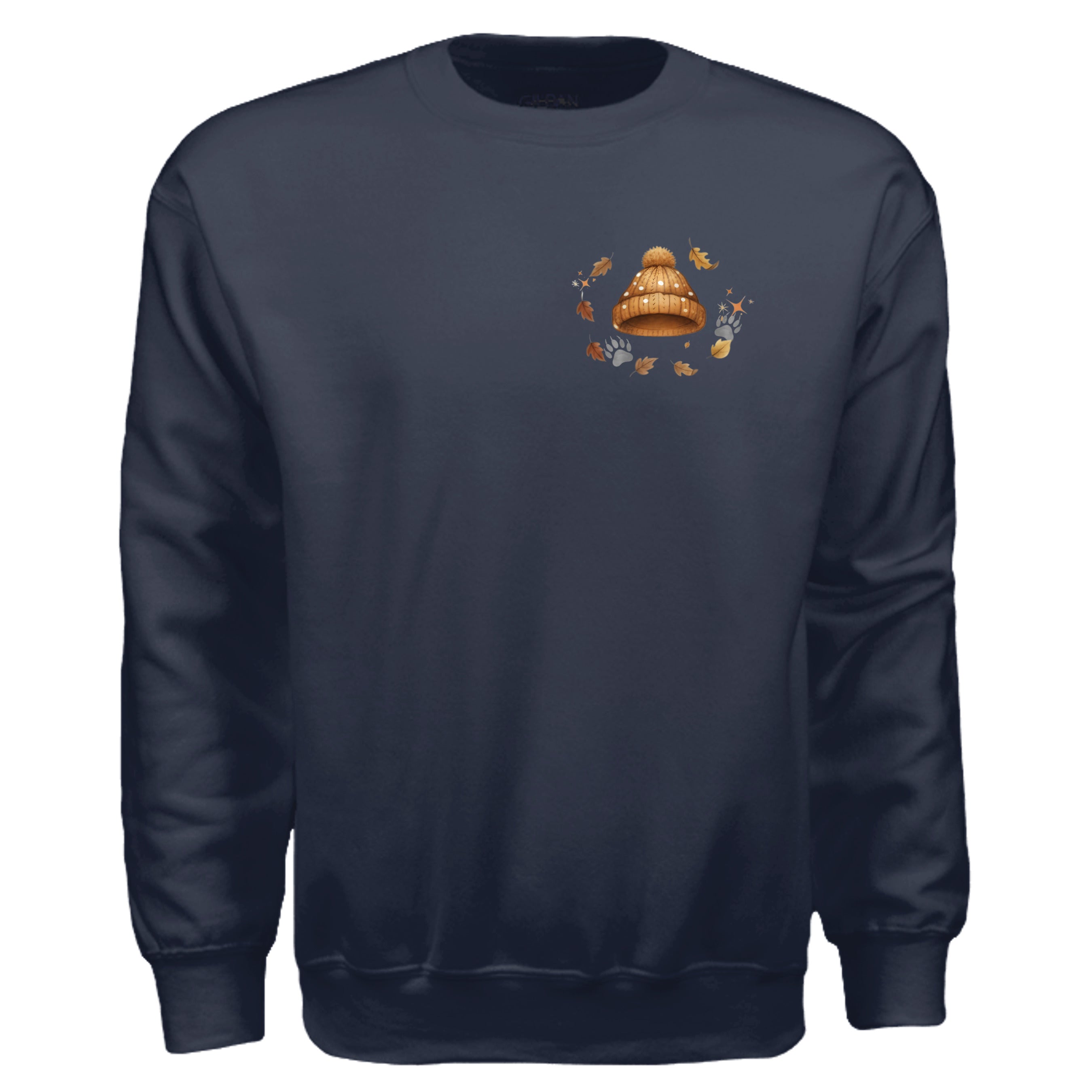 Leaf Pile Badger Sweatshirt in navy featuring a chest pocket logo and full back graphic for cozy fall style.