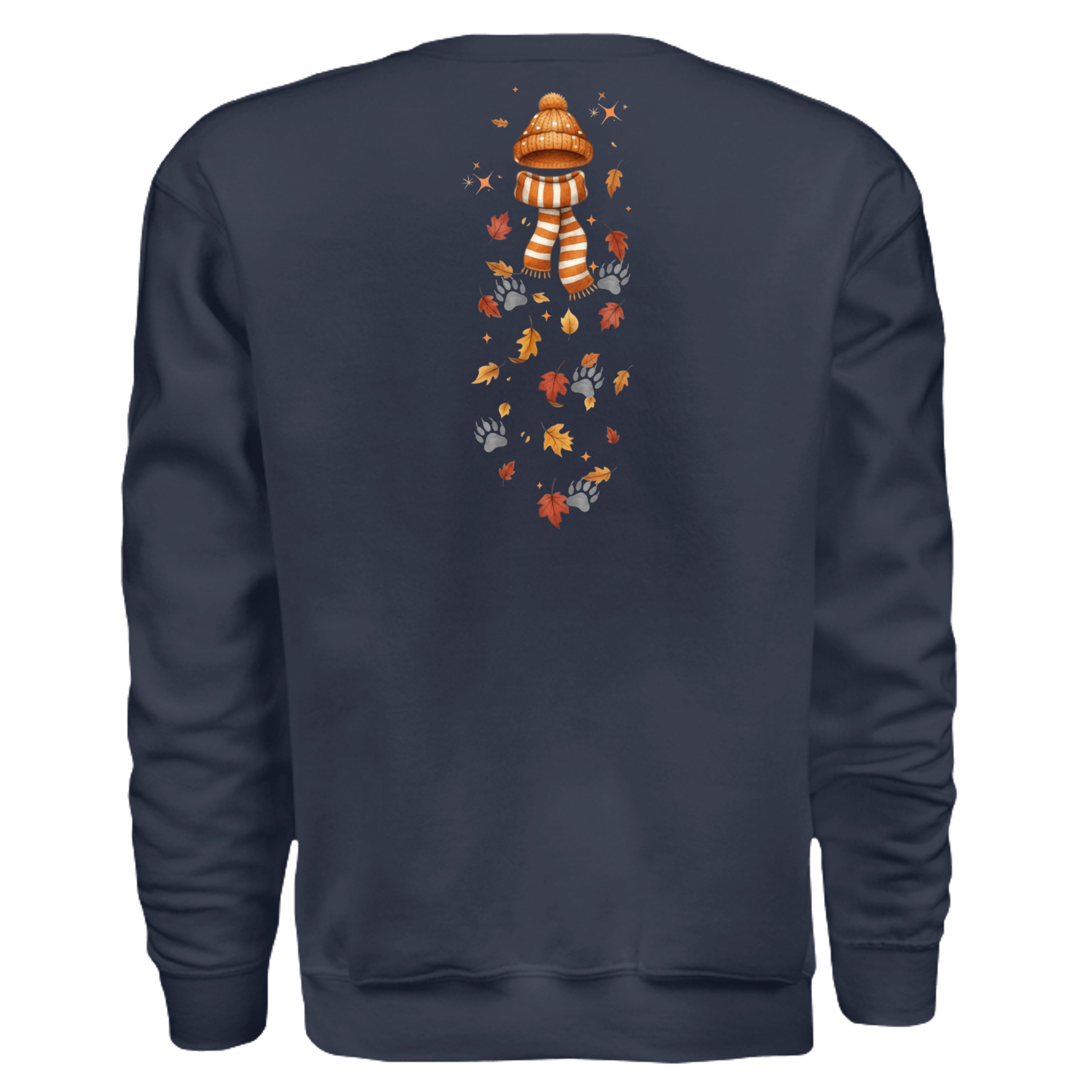 Back view of a Leaf Pile Badger Sweatshirt featuring vibrant fall graphic sweatshirt design with leaves and a scarf.