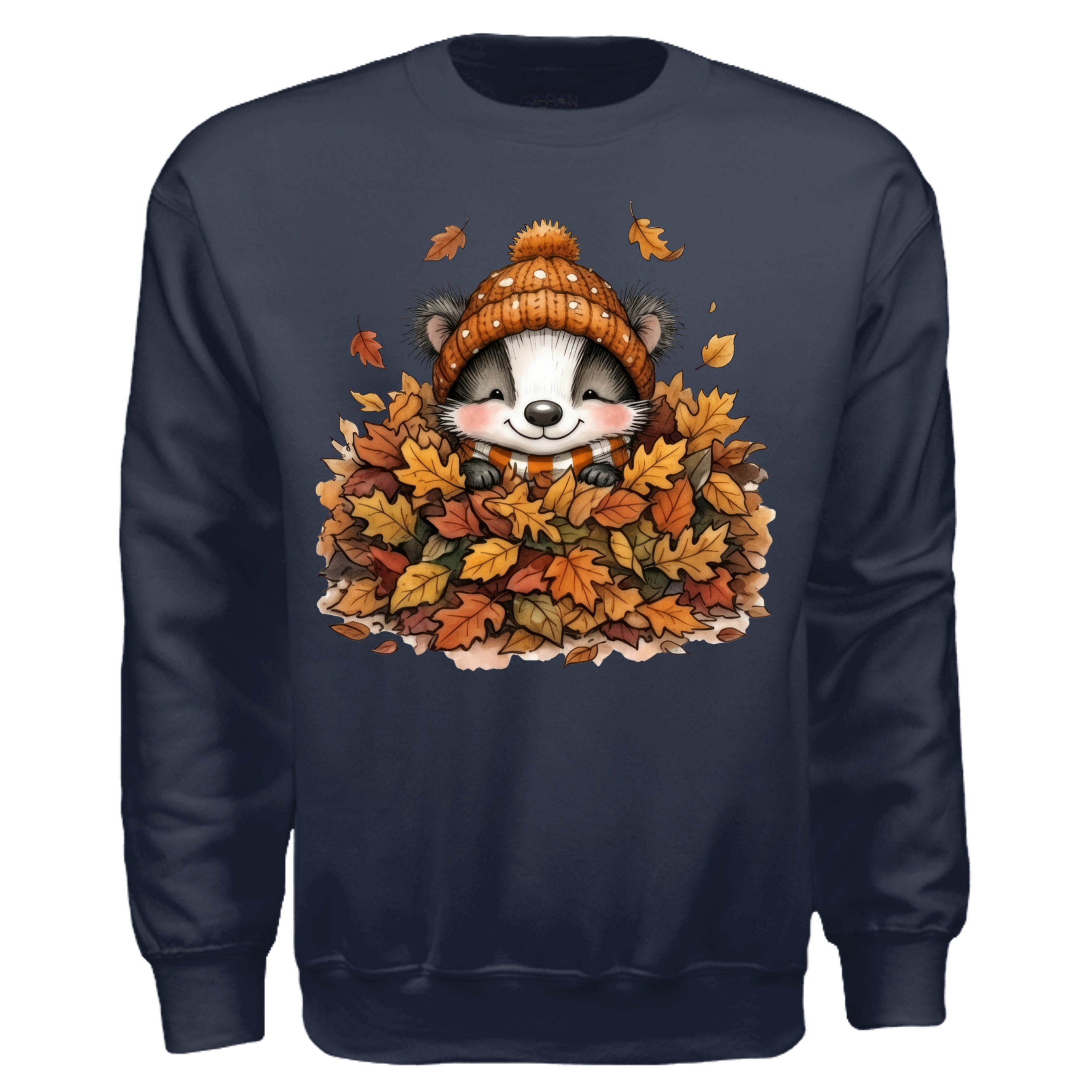 Leaf Pile Badger Sweatshirt with front graphic of badger in leaves, navy color, perfect fall graphic sweatshirt.
