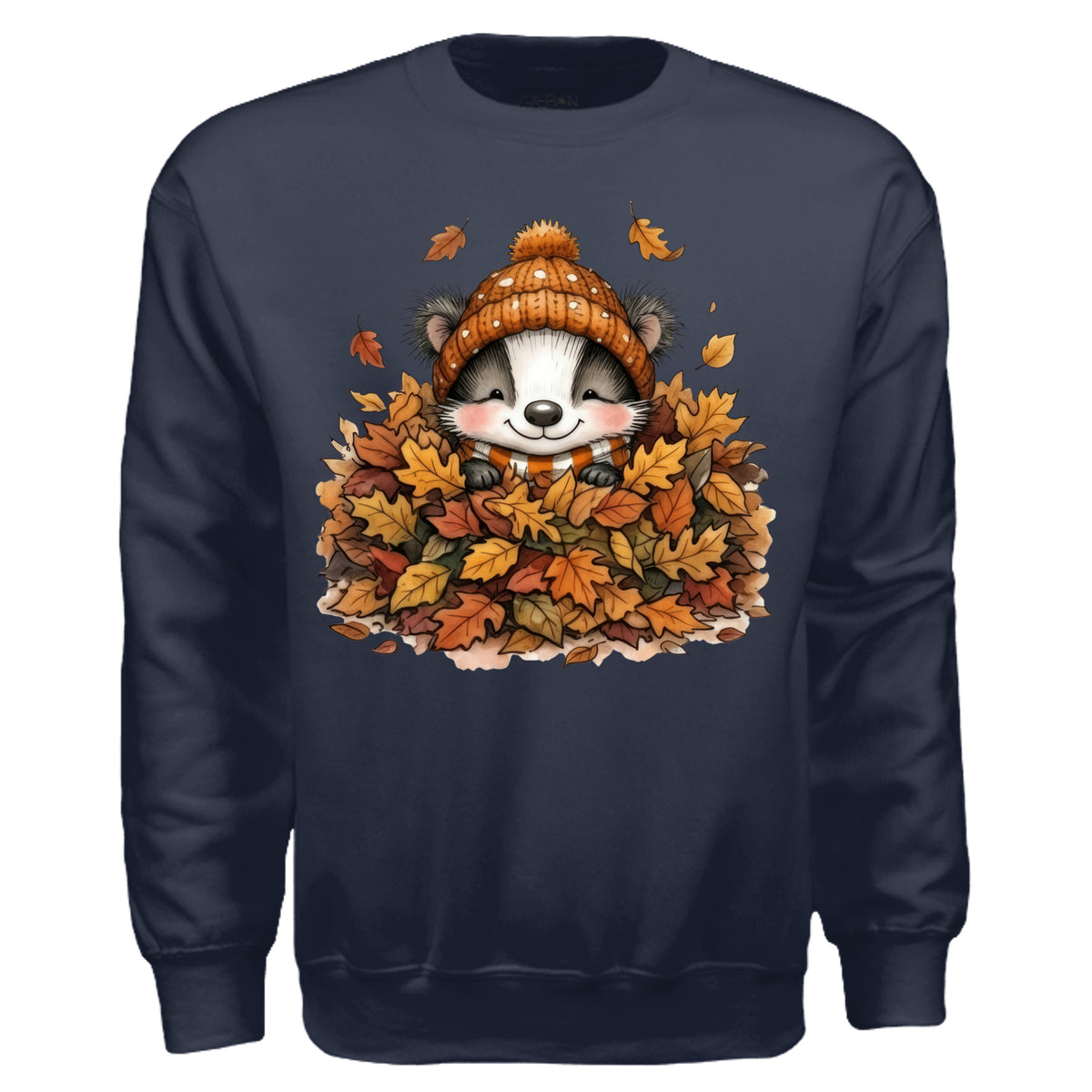 Leaf Pile Badger Sweatshirt with front graphic of badger in leaves, navy color, perfect fall graphic sweatshirt.