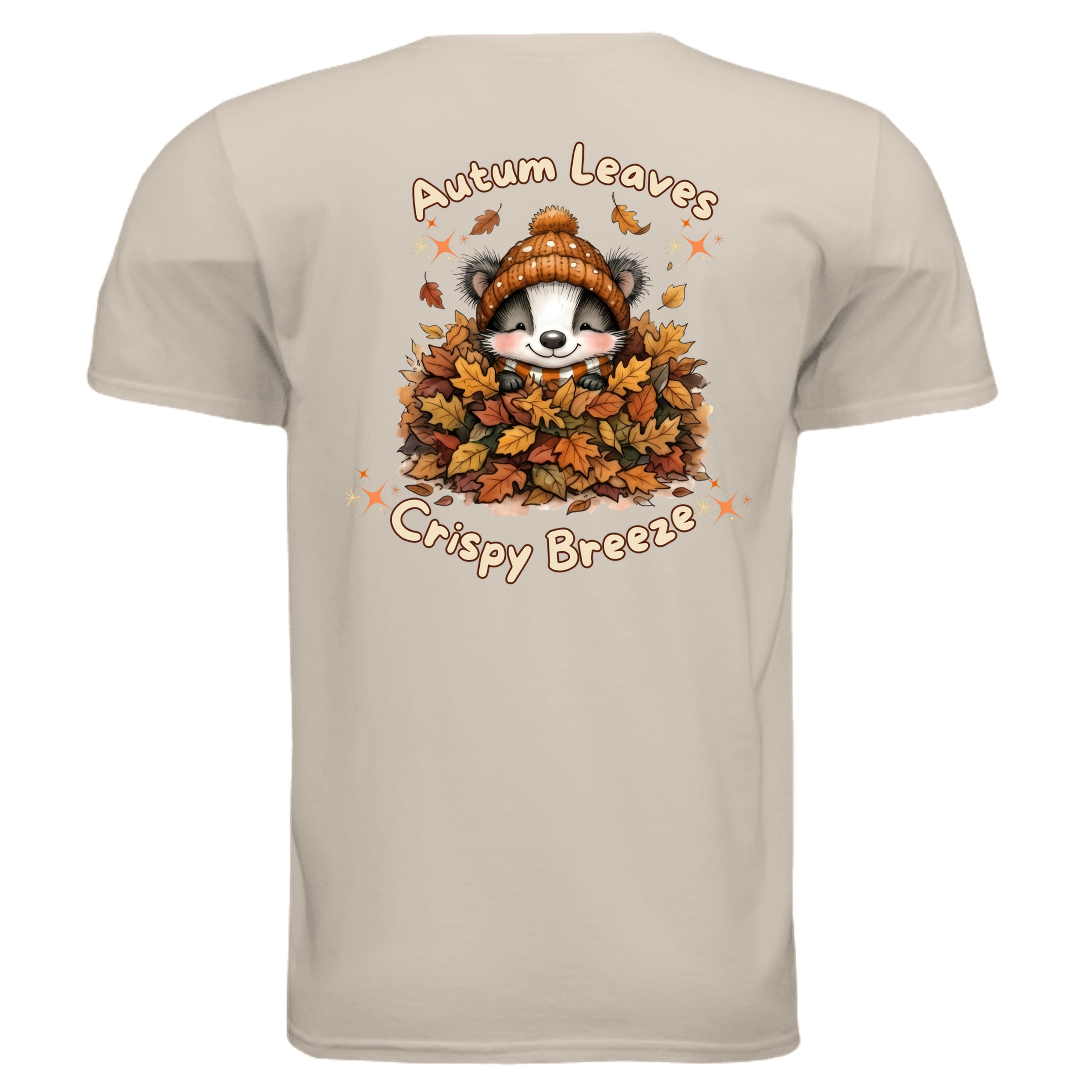 Autumn Leaves Tee featuring a cute character in fall leaves with the text 'Crispy Breeze,' perfect for autumn vibes.