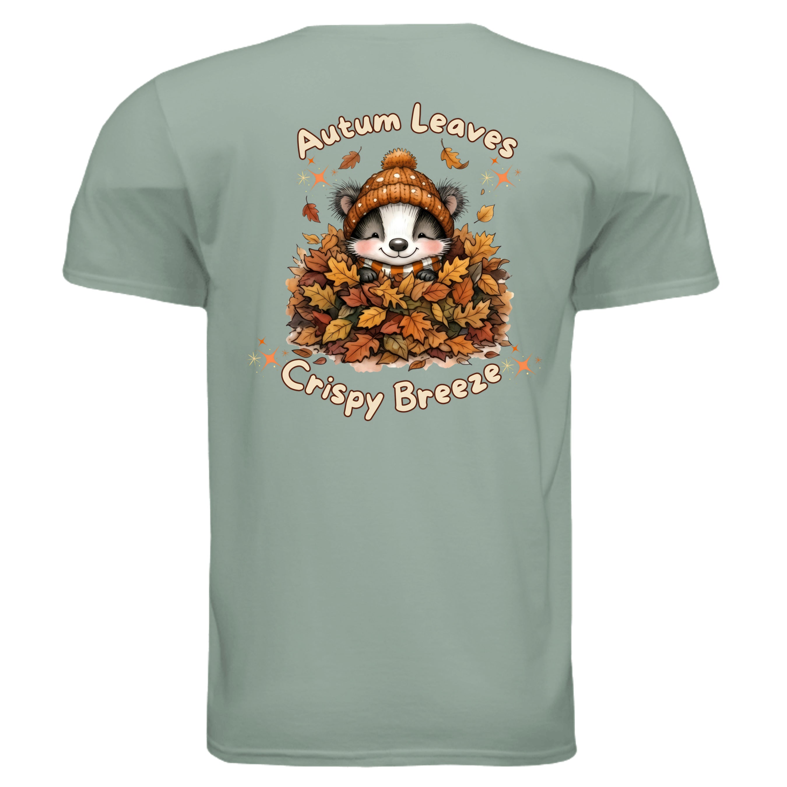 Autumn Leaves Tee featuring cute graphic of a raccoon in leaves, highlighting autumn leaves graphic tee design.