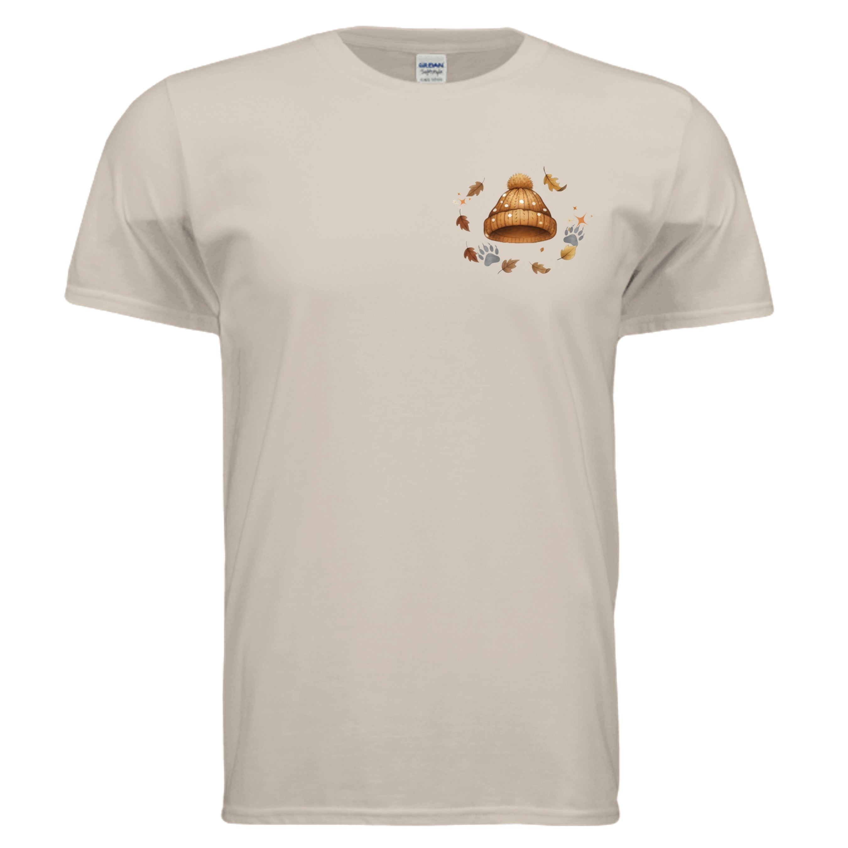 Autumn Leaves Graphic Tee in sand color featuring a chest pocket logo with a beanie and fall leaves.