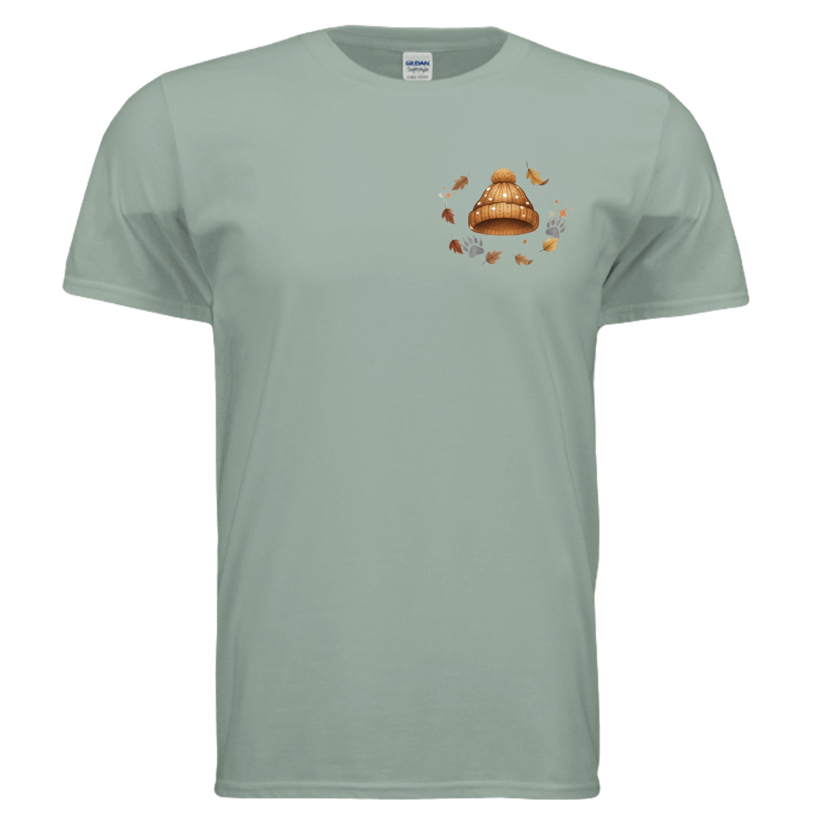 Autumn Leaves Graphic Tee in sage color featuring a chest pocket logo and full back graphic.