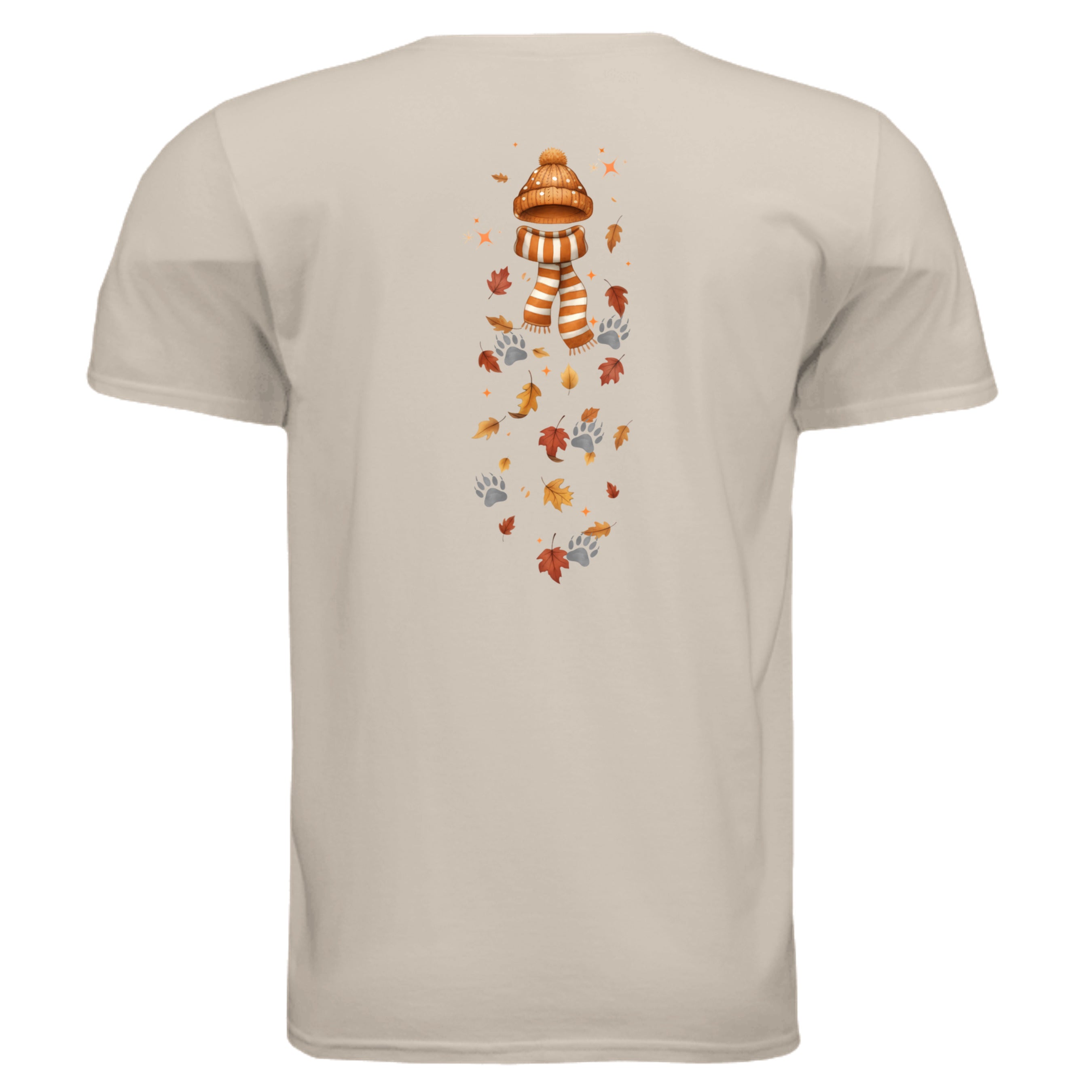 Autumn graphic tee with a cozy back print featuring a hat and falling leaves, perfect for fall outings.