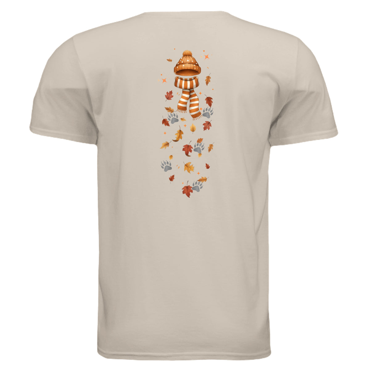 Autumn graphic tee with a cozy back print featuring a hat and falling leaves, perfect for fall outings.