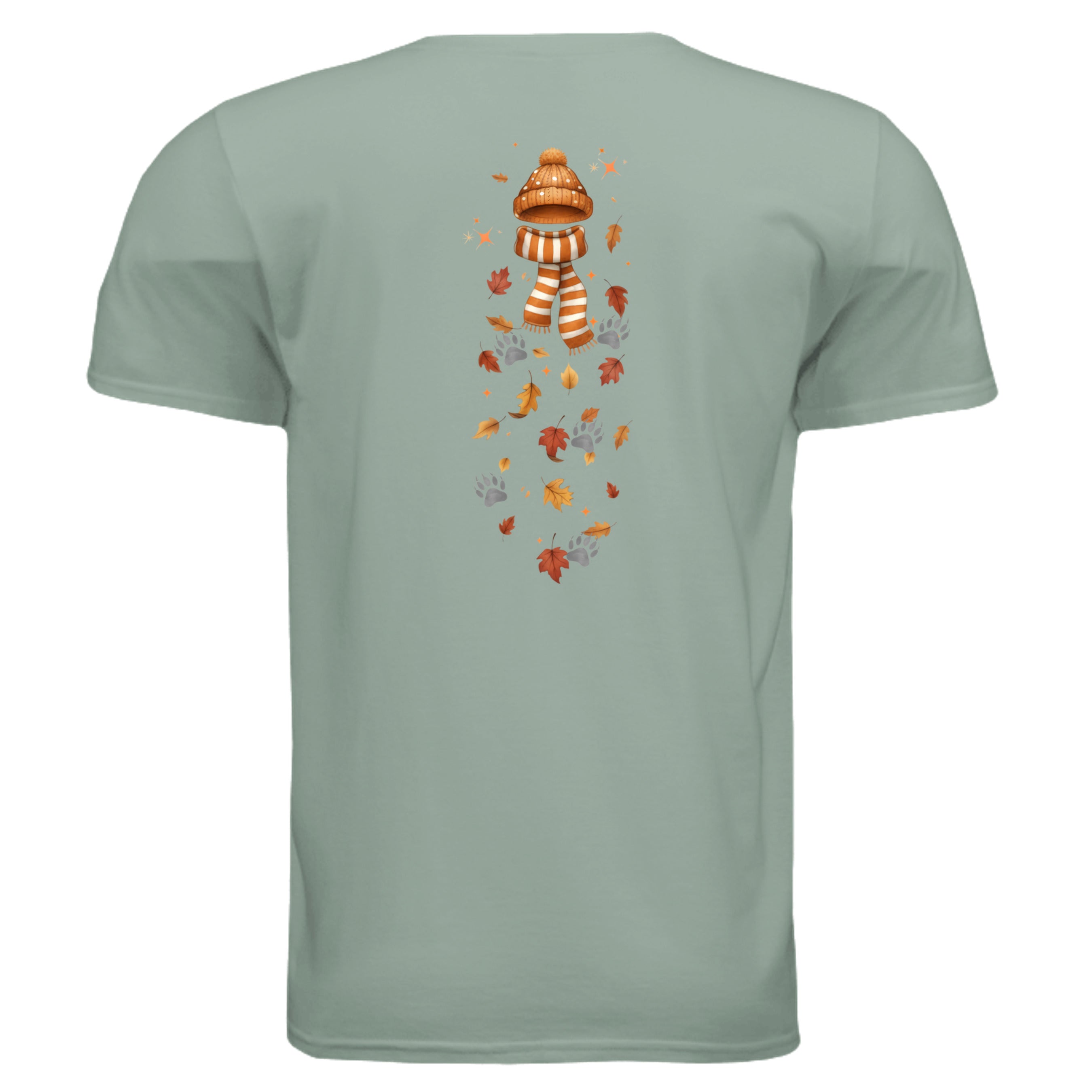 Autumn Breeze Graphic Tee featuring front and back print of leaves and scarf design, perfect autumn graphic tee.