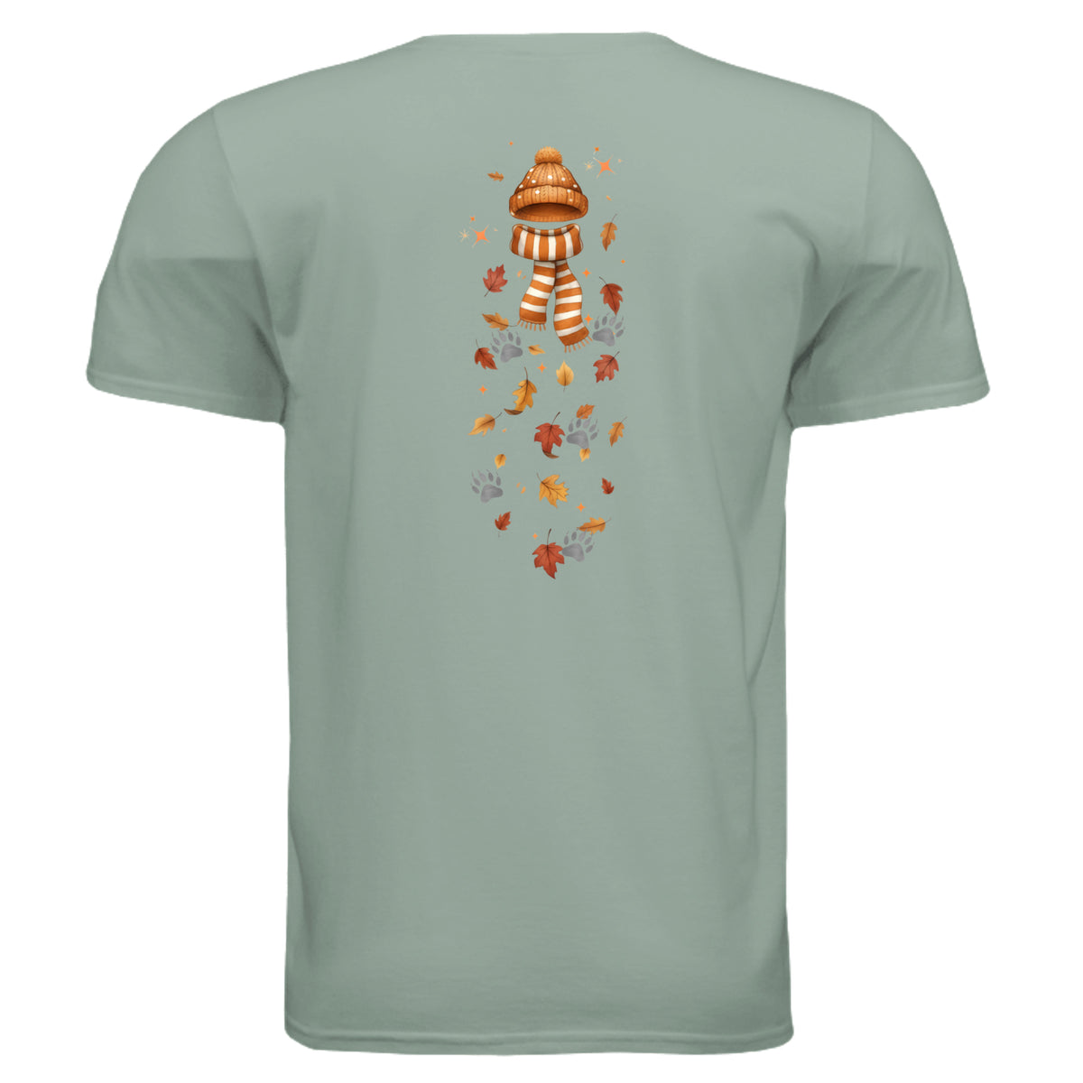 Autumn Breeze Graphic Tee featuring front and back print of leaves and scarf design, perfect autumn graphic tee.