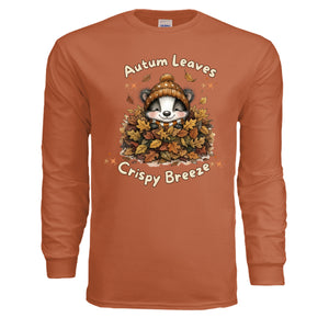 Autumn Leaves Long Sleeve Tee in Texas Orange featuring an autumn leaves graphic with a cute character.