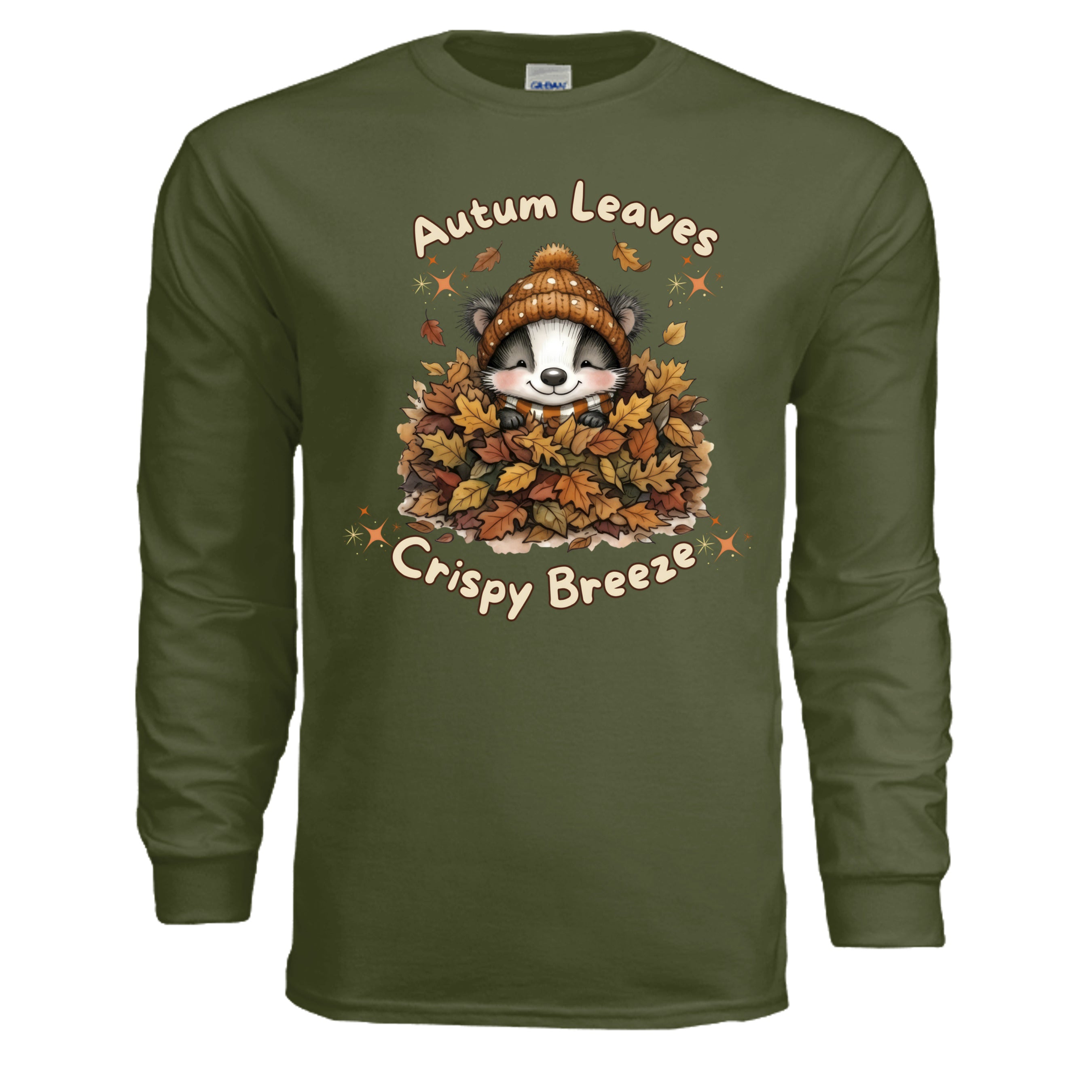 Autumn Leaves Long Sleeve Tee in military green featuring autumn leaves graphic tee and a cute animal design.
