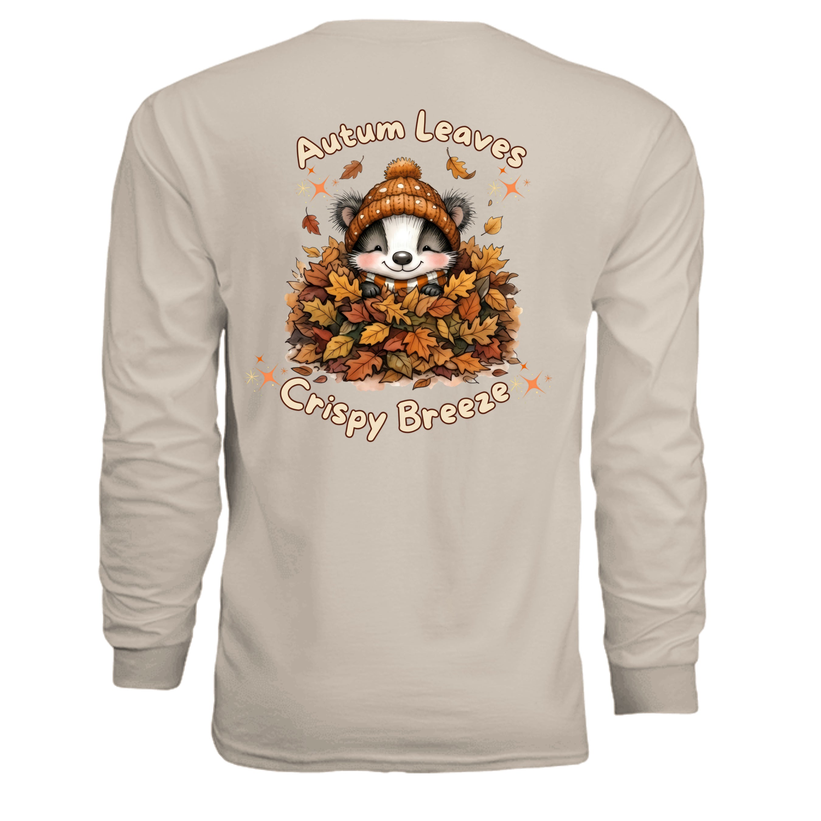 autumn leaves long sleeve shirt featuring a cute design of a playful raccoon in a pile of leaves