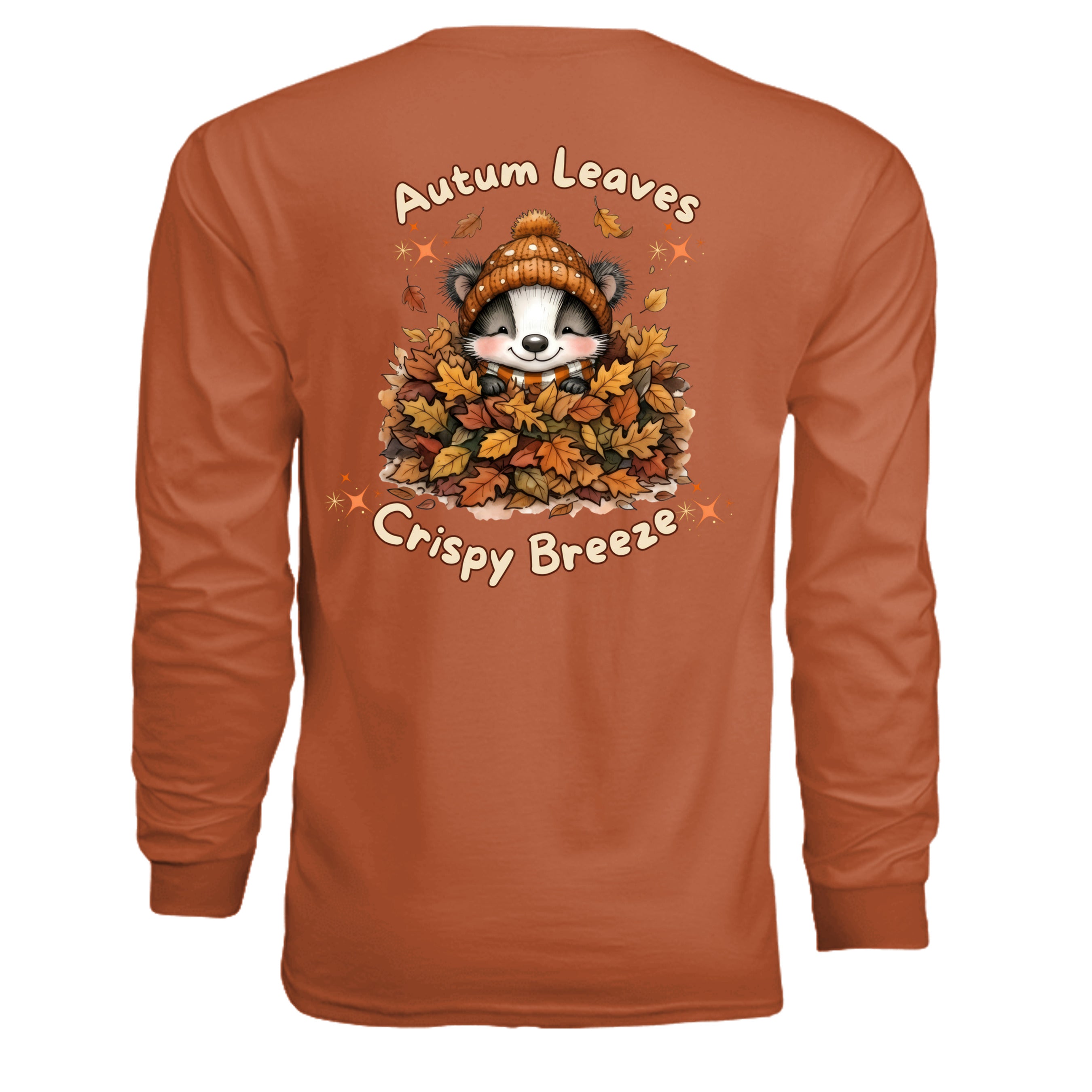 Autumn Leaves Long Sleeve Tee featuring a cute raccoon graphic among colorful autumn leaves.
