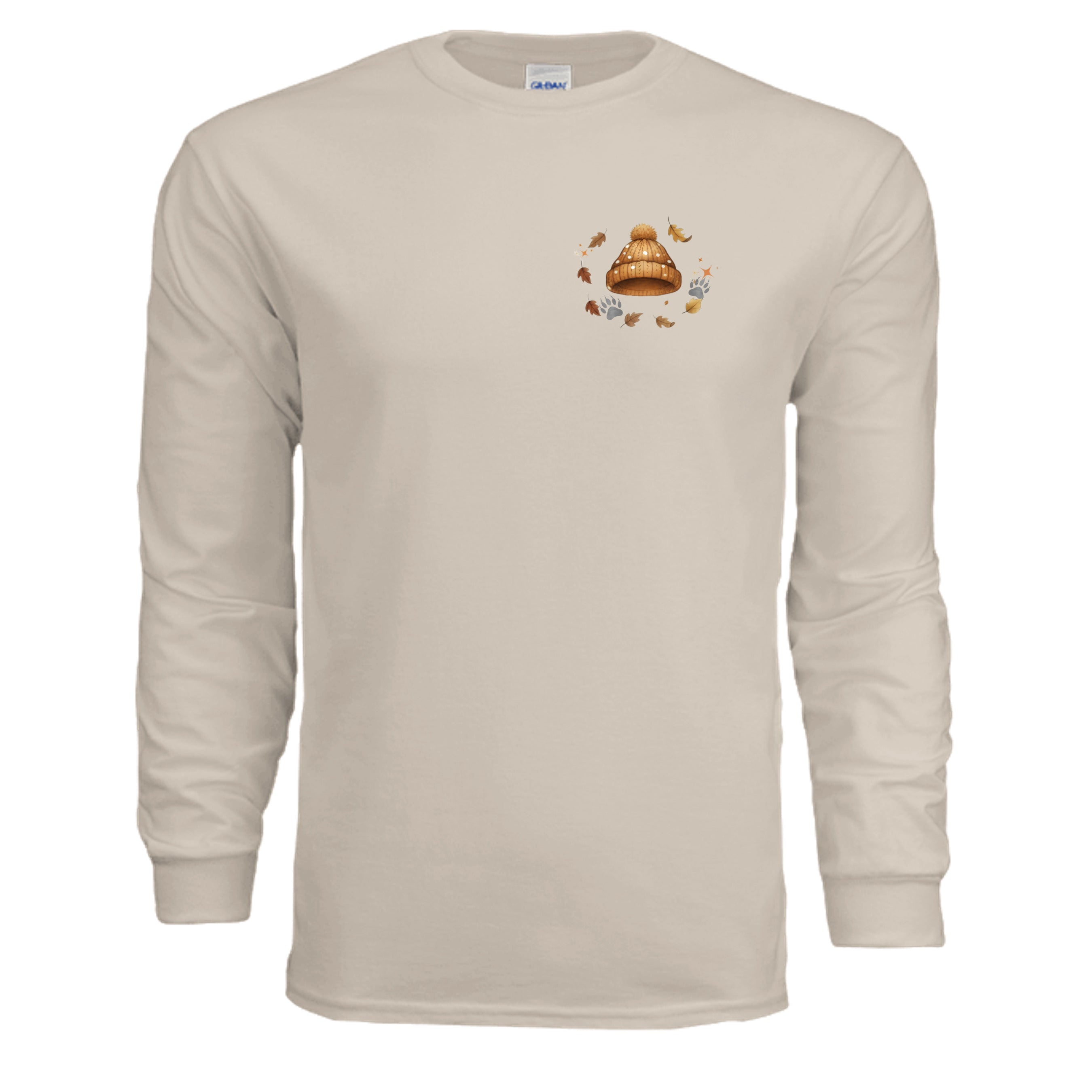 autumn leaves long sleeve shirt in sand color featuring pocket graphic and full back print design.