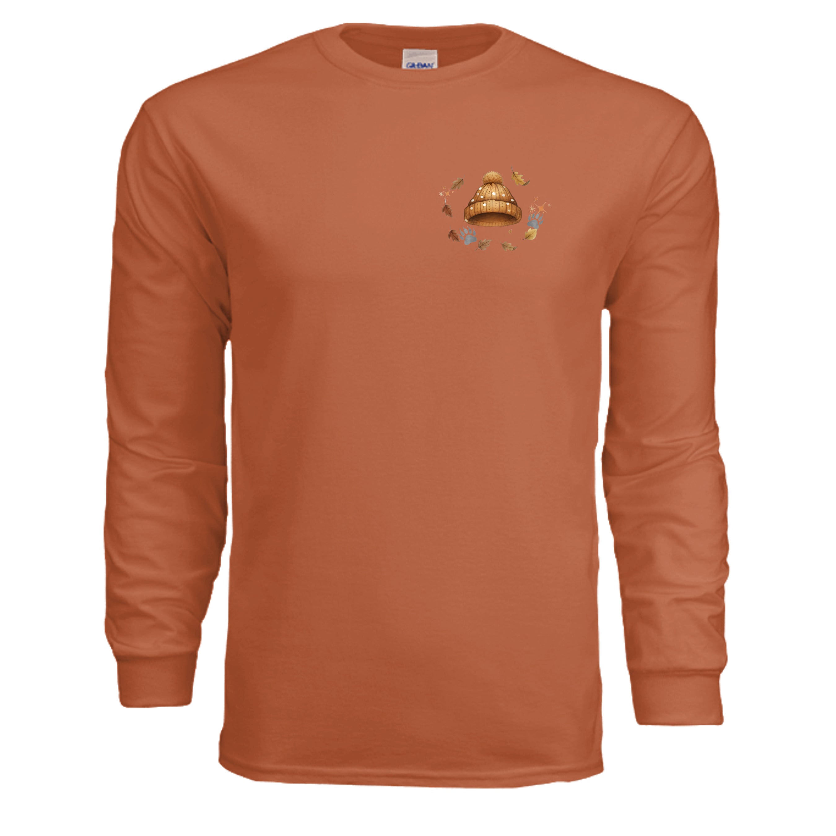 Autumn Leaves Long Sleeve Tee in Texas Orange featuring pocket graphic and full back print design.