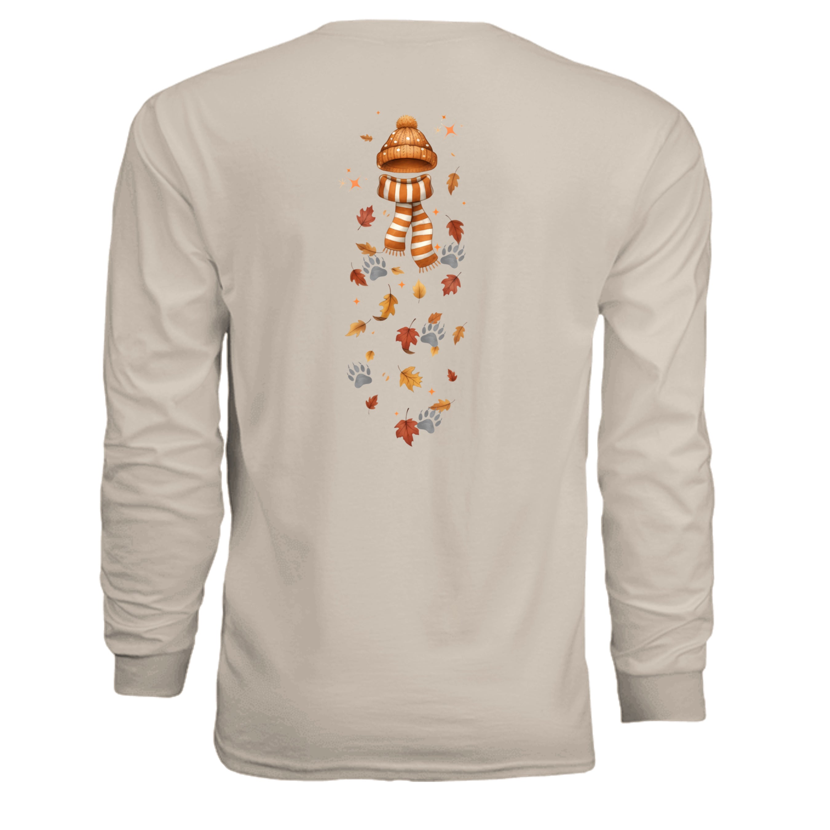 Autumn Leaves Long Sleeve Tee featuring a graphic of a hat and scarf with falling autumn leaves on the back.