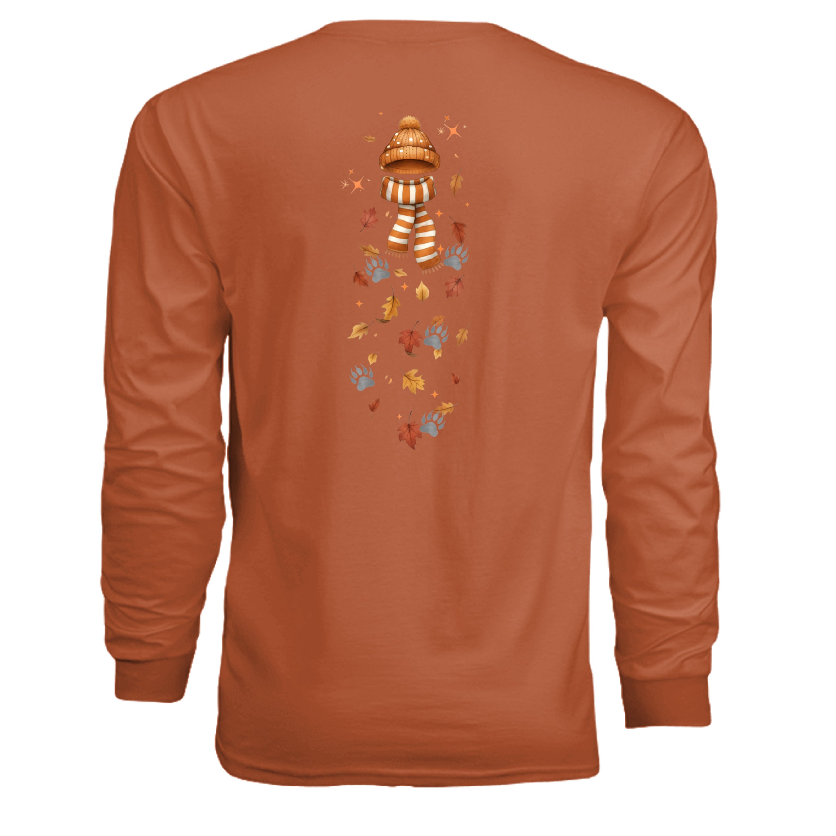 Autumn Leaves Long Sleeve Tee featuring graphic print of a hat and scarf with falling leaves on back.