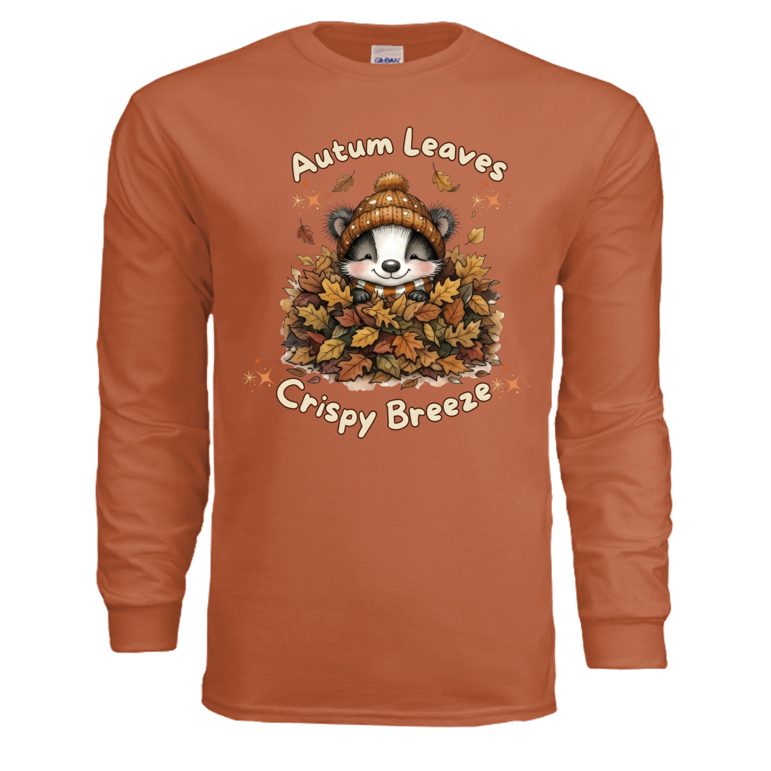 autumn leaves long sleeve tee in Texas Orange with adorable critter in leaves graphic design