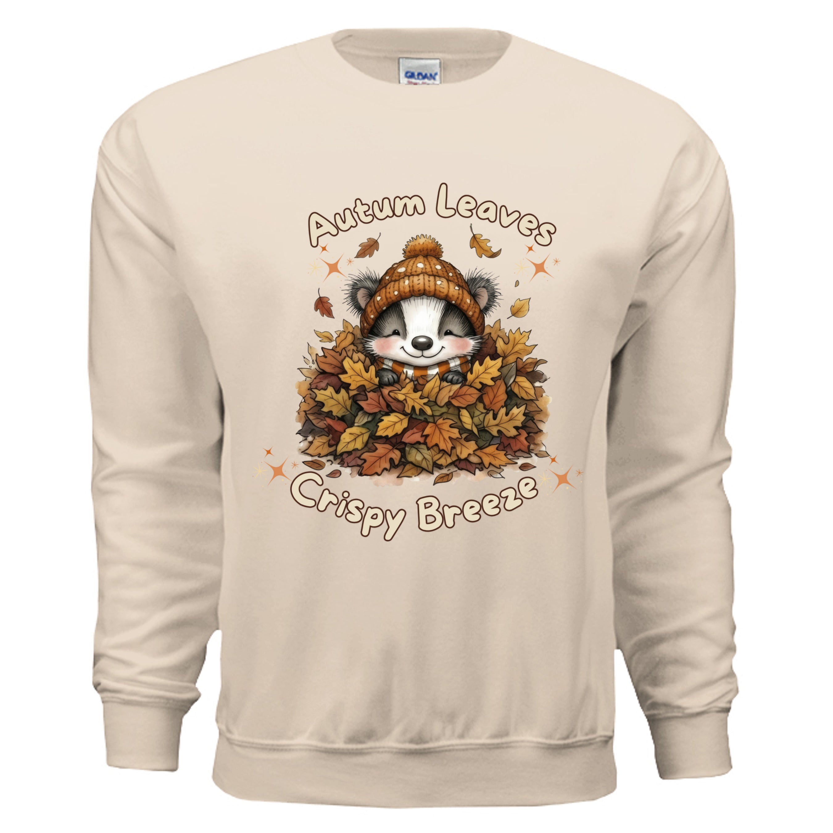 Autumn Leaves Sweatshirt featuring a cute raccoon in leaves design on a sand fleece crew for cozy fall days.
