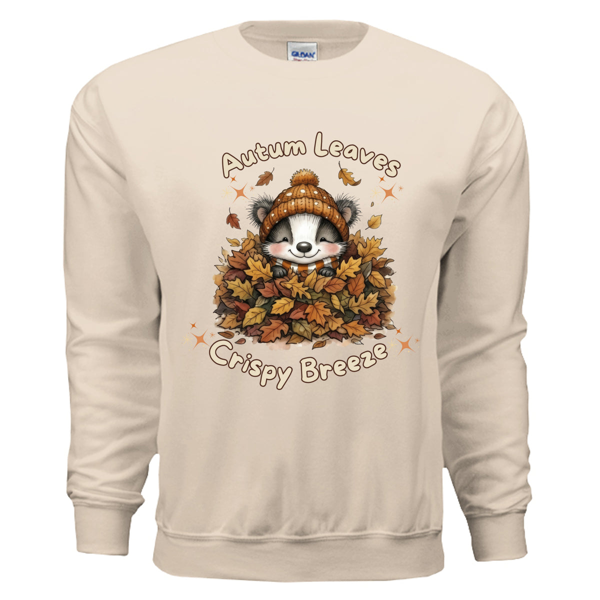 Autumn Leaves Sweatshirt featuring a cute raccoon in leaves design on a sand fleece crew for cozy fall days.