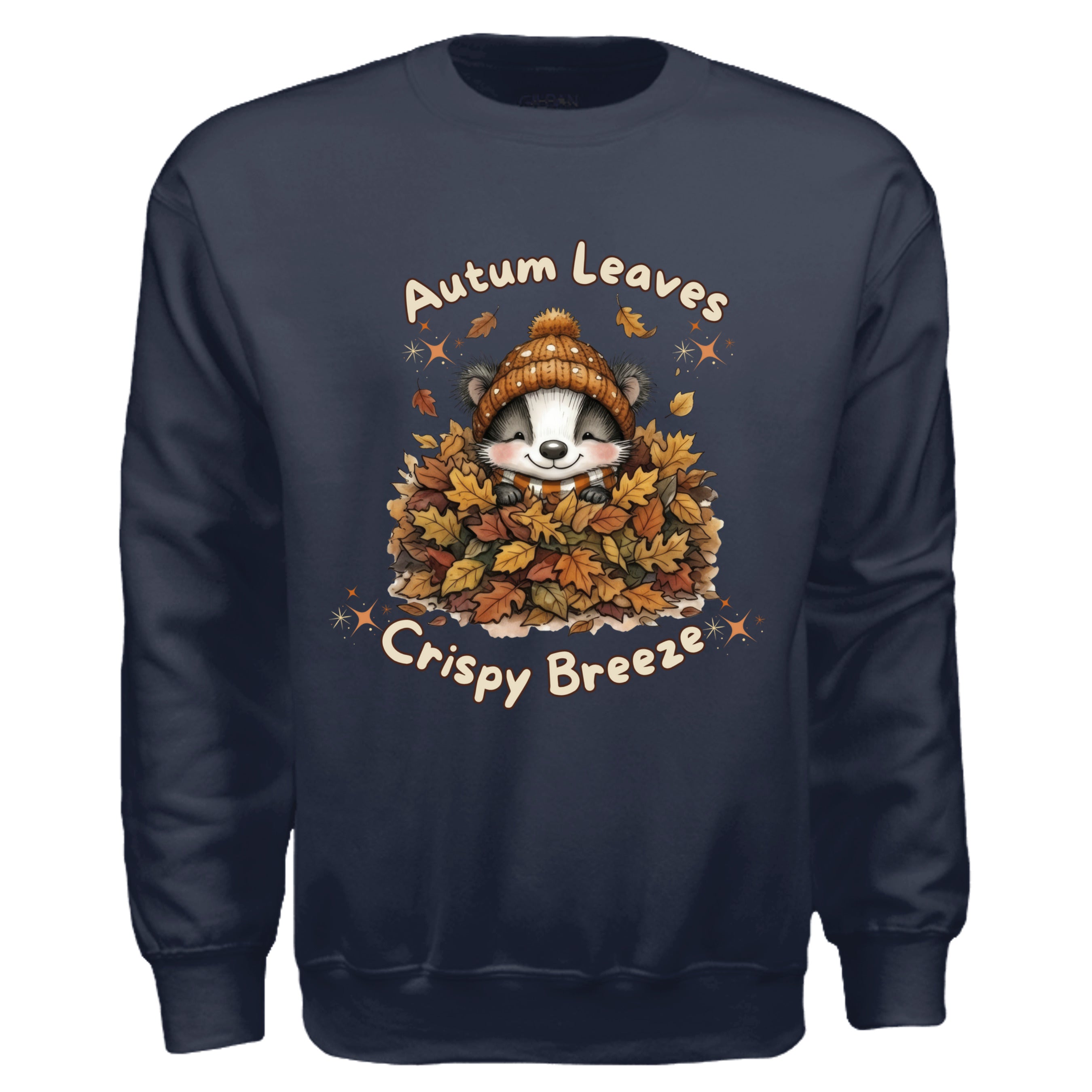 Autumn Leaves Sweatshirt featuring a cute raccoon in leaves, perfect for cool fall days in navy color.