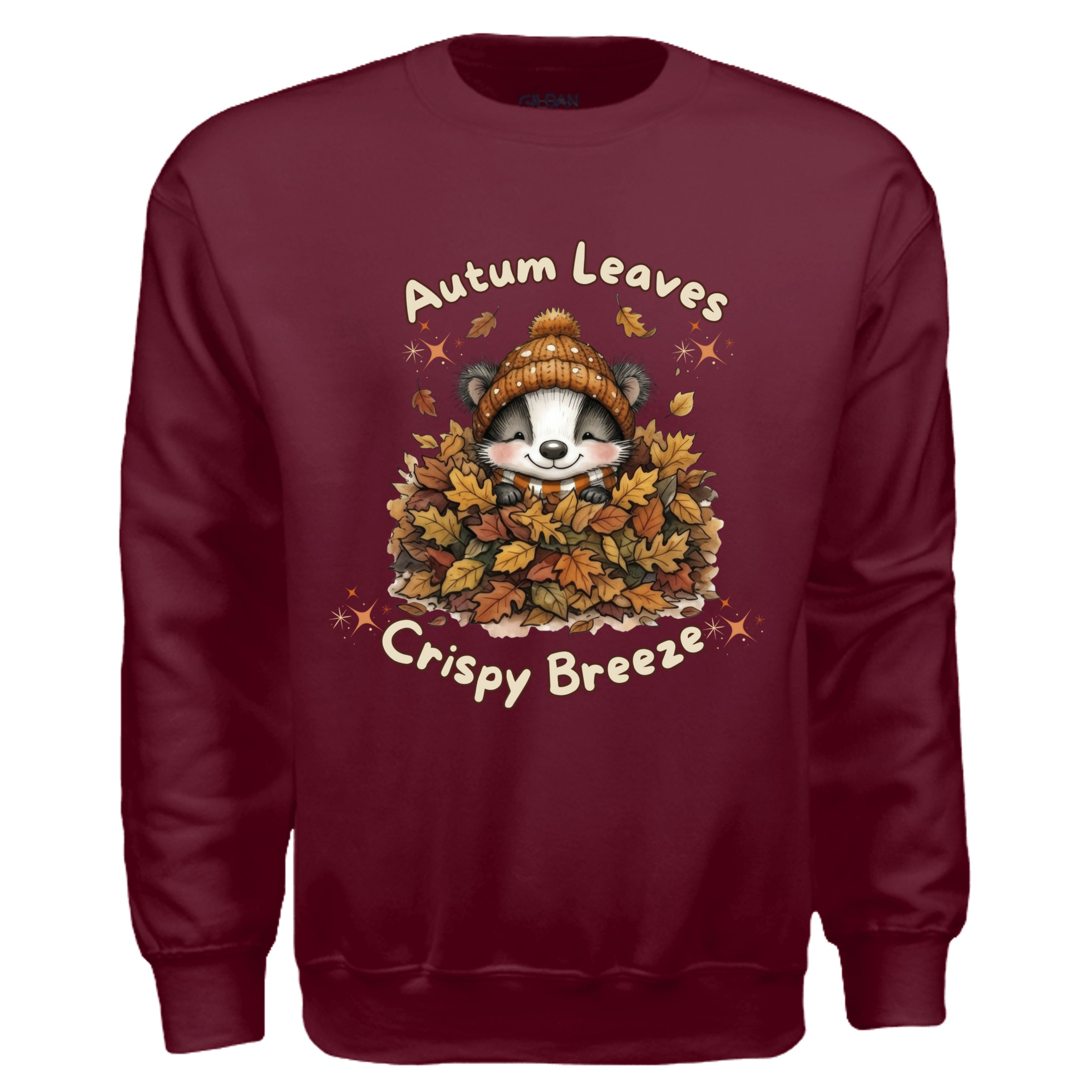 Autumn Leaves Sweatshirt featuring a cute raccoon in maroon fleece with autumn leaves graphic for cozy fall days.