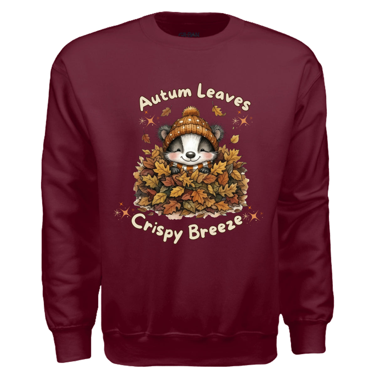Autumn Leaves Sweatshirt featuring a cute raccoon in maroon fleece with autumn leaves graphic for cozy fall days.
