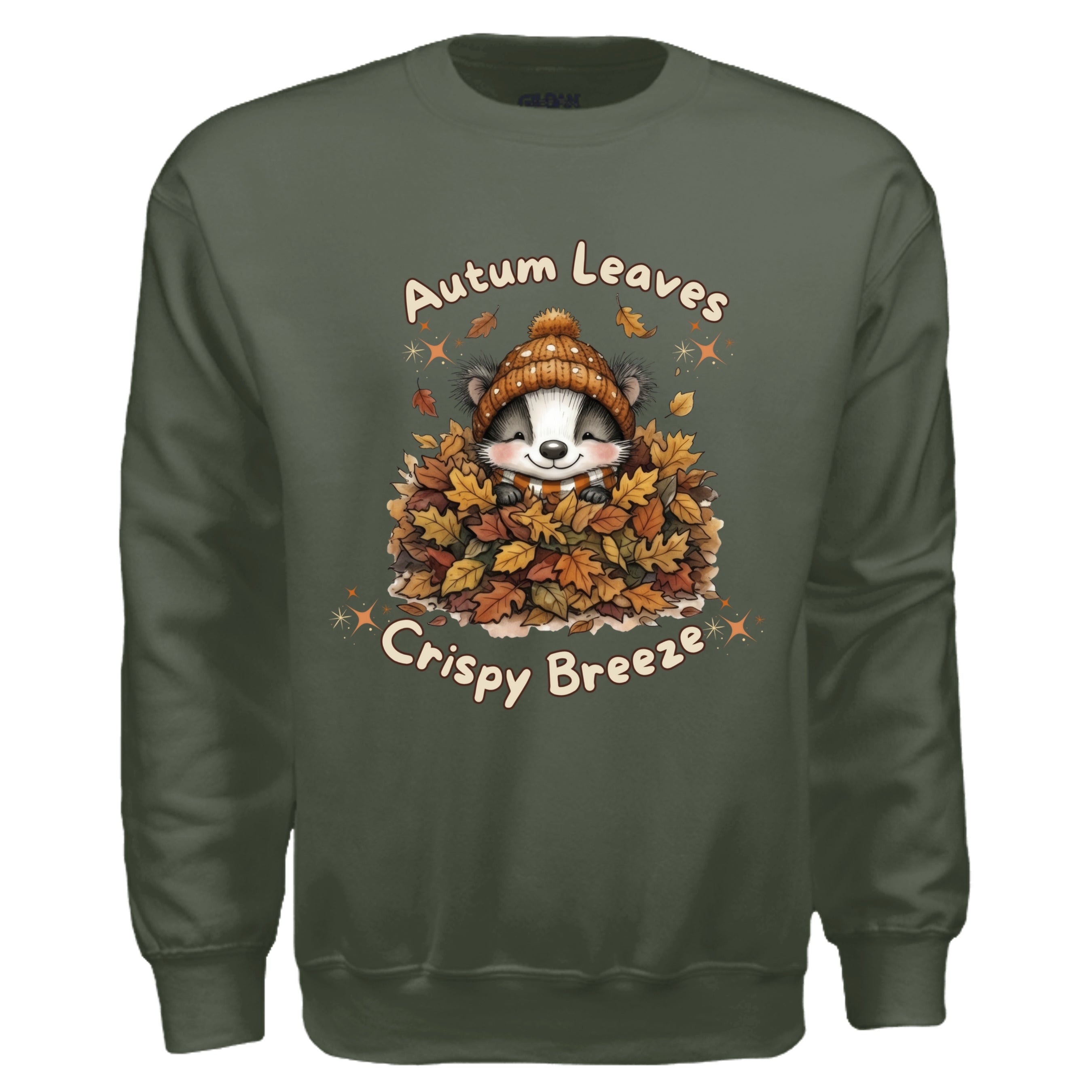 autumn leaves sweatshirt in military green with cute raccoon graphic and fall leaves design