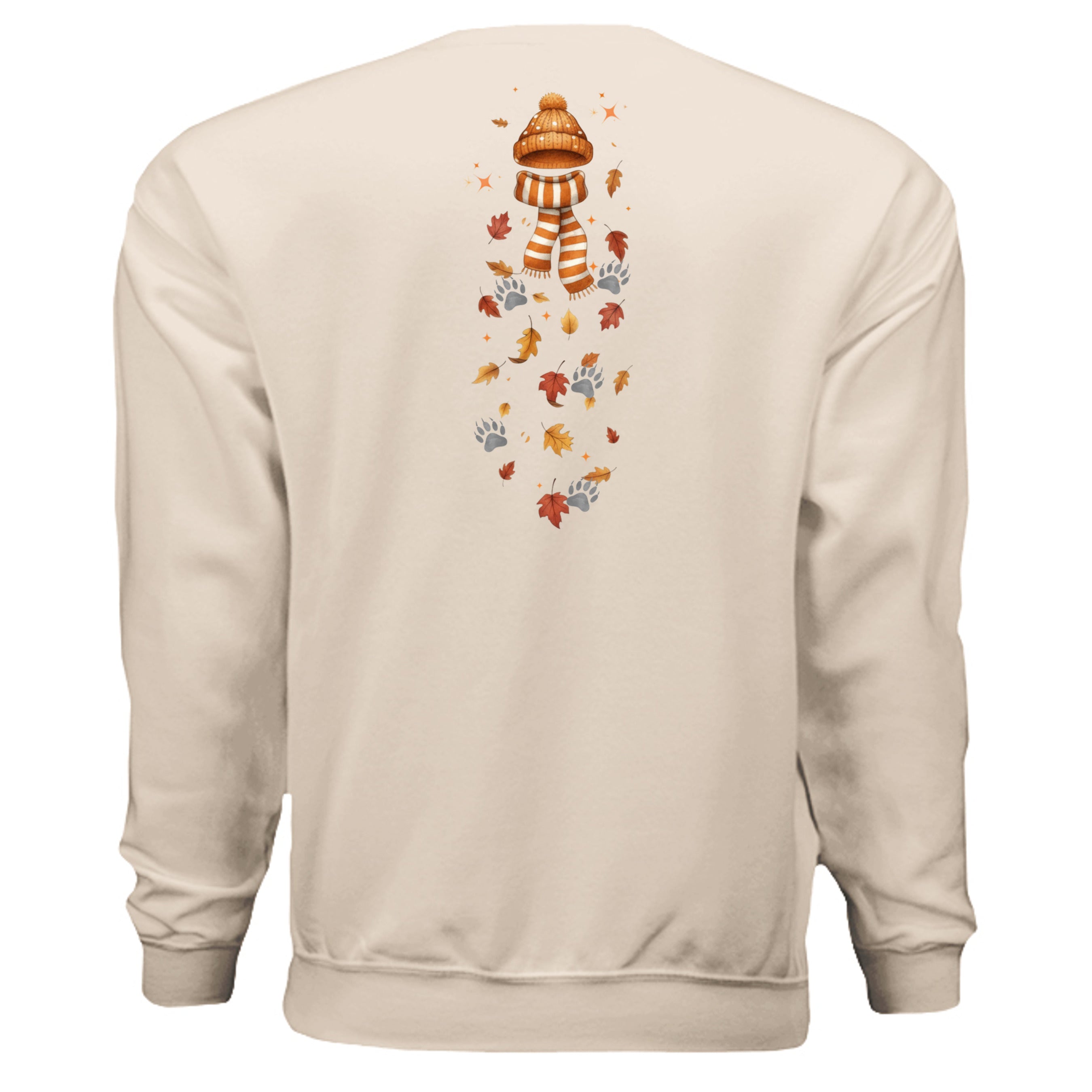 Autumn Leaves Sweatshirt featuring autumn leaves graphic sweatshirt design on back with fall elements.