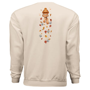 Autumn Leaves Sweatshirt featuring autumn leaves graphic sweatshirt design on back with fall elements.