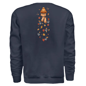 Back view of autumn leaves graphic sweatshirt featuring a cute hat and scarf design with falling leaves.