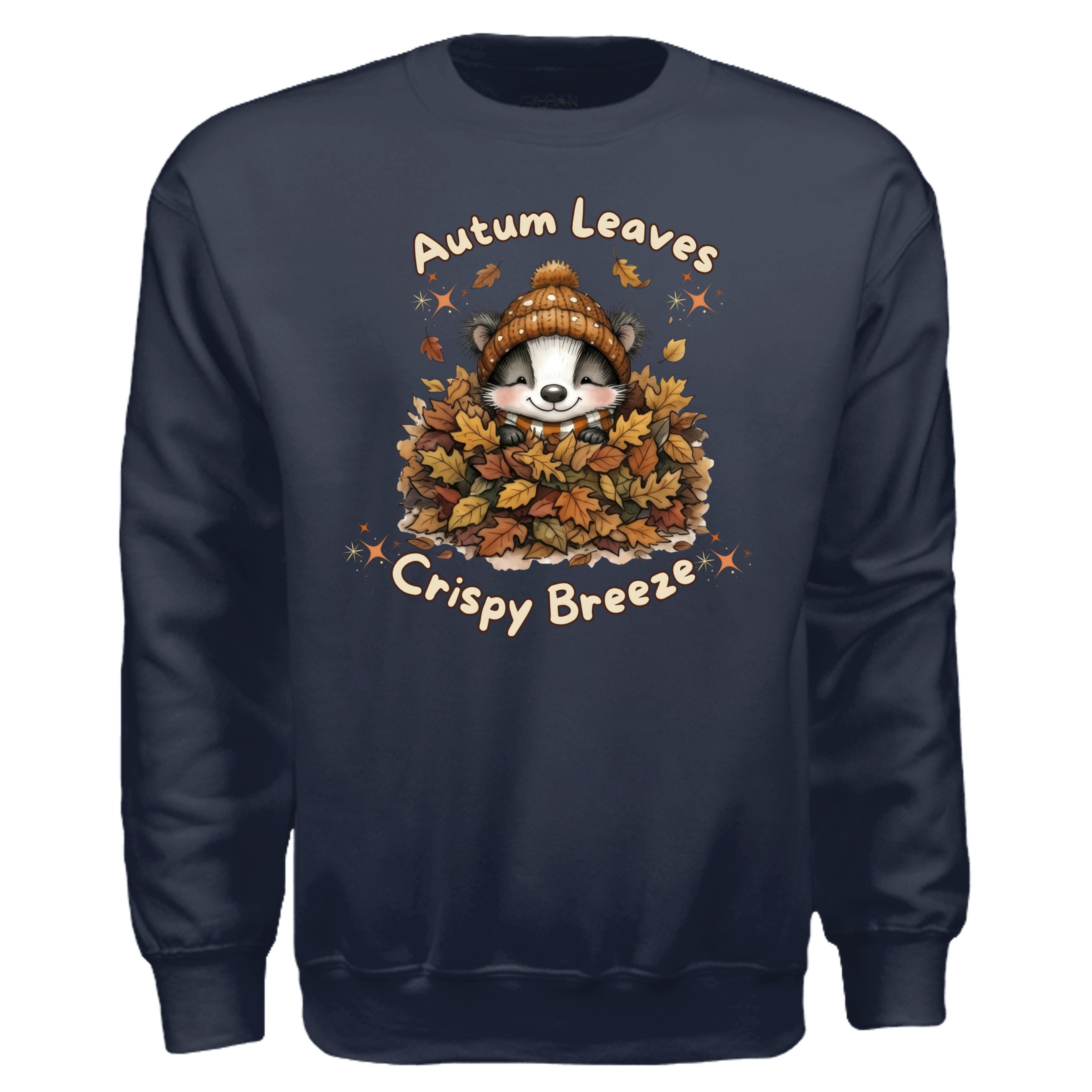 autumn leaves graphic sweatshirt featuring a cute character hiding in a pile of leaves on a navy fleece crew.