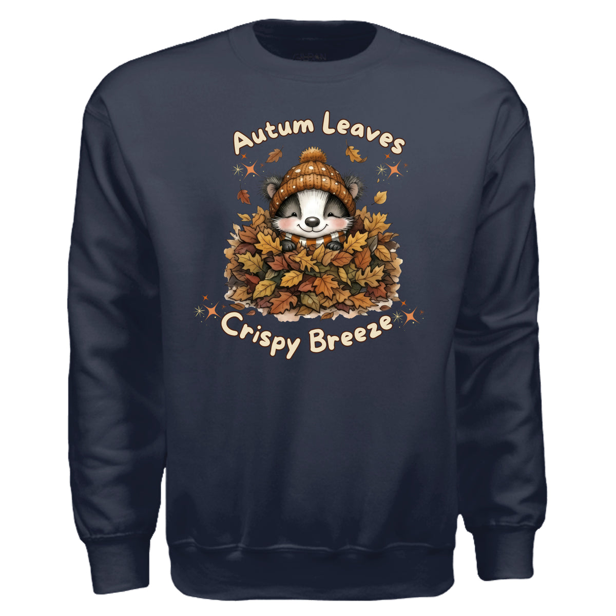 autumn leaves graphic sweatshirt featuring a cute character hiding in a pile of leaves on a navy fleece crew.