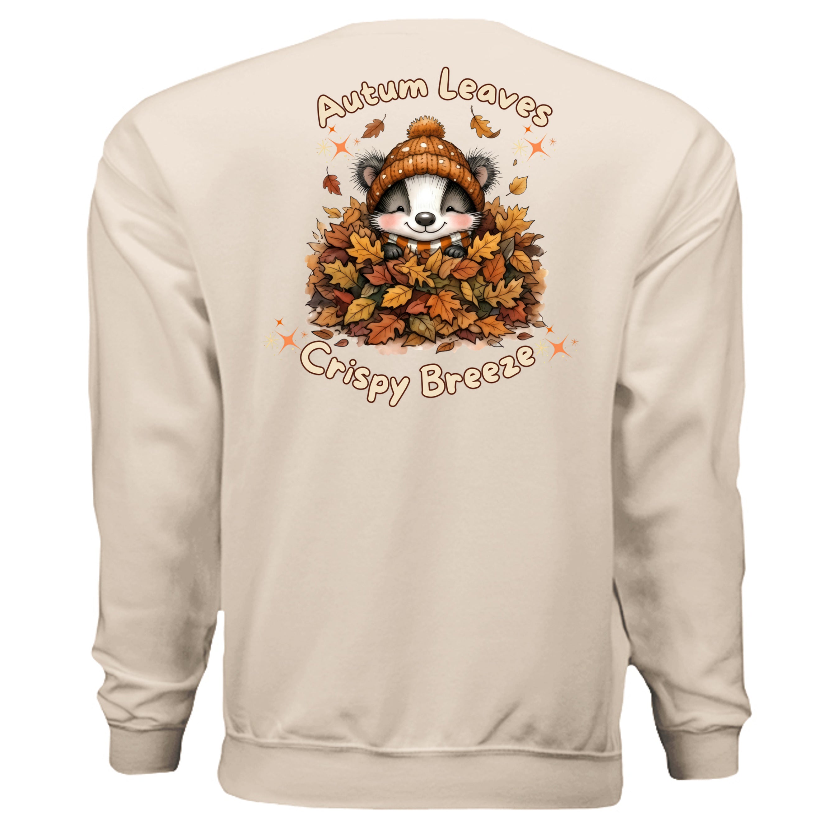 autumn leaves graphic sweatshirt featuring a raccoon in leaves with the text 'Autumn Leaves Crispy Breeze' on the back.
