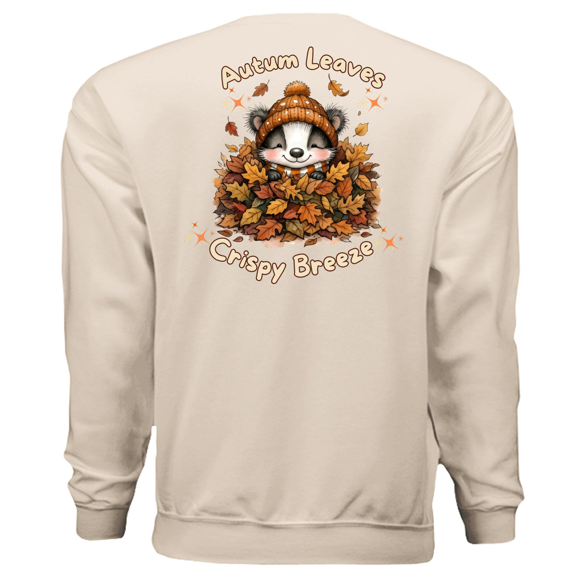 autumn leaves graphic sweatshirt featuring a raccoon in leaves with the text 'Autumn Leaves Crispy Breeze' on the back.