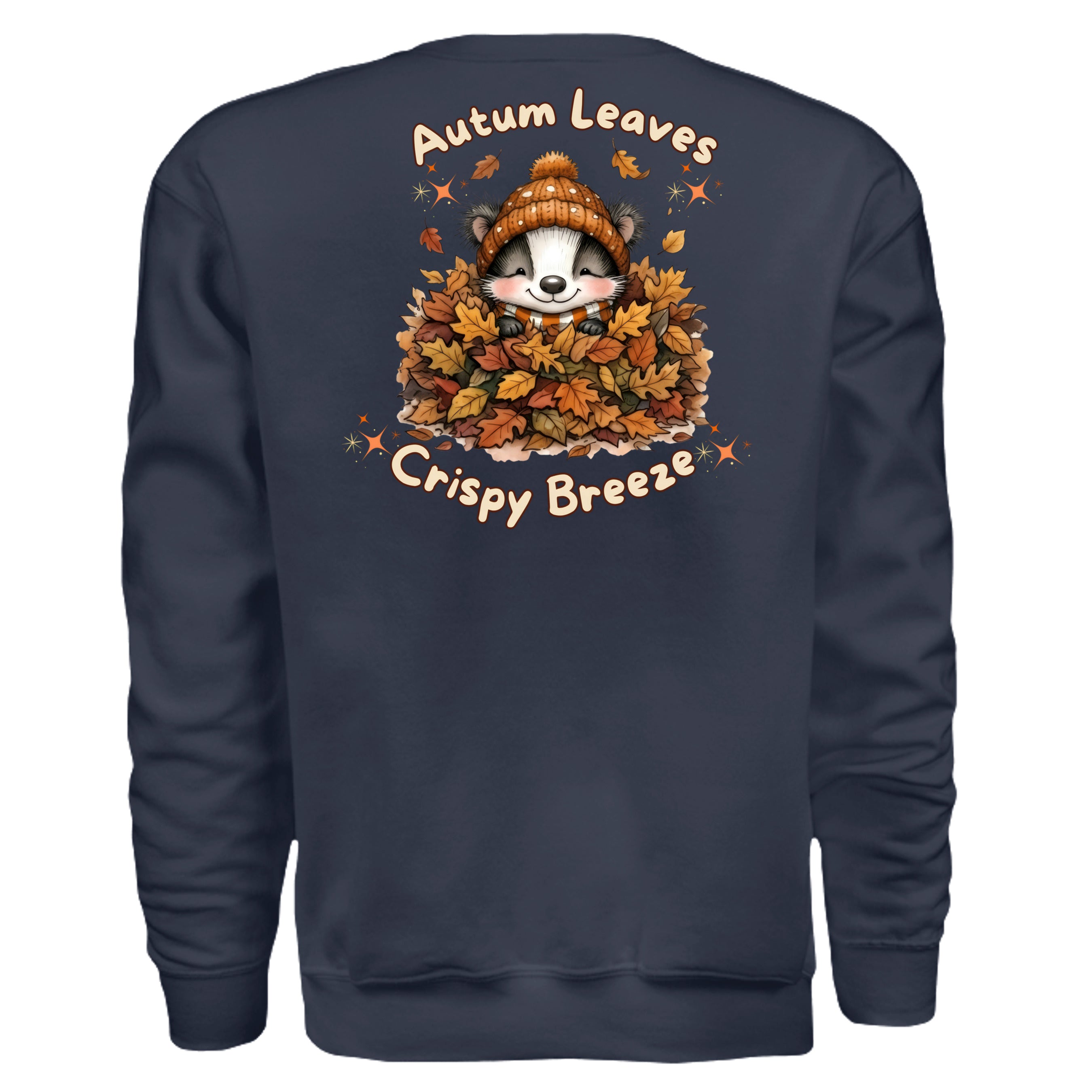 Autumn Leaves Graphic Sweatshirt featuring a cute animal in a pile of leaves on the back, perfect for fall vibes.