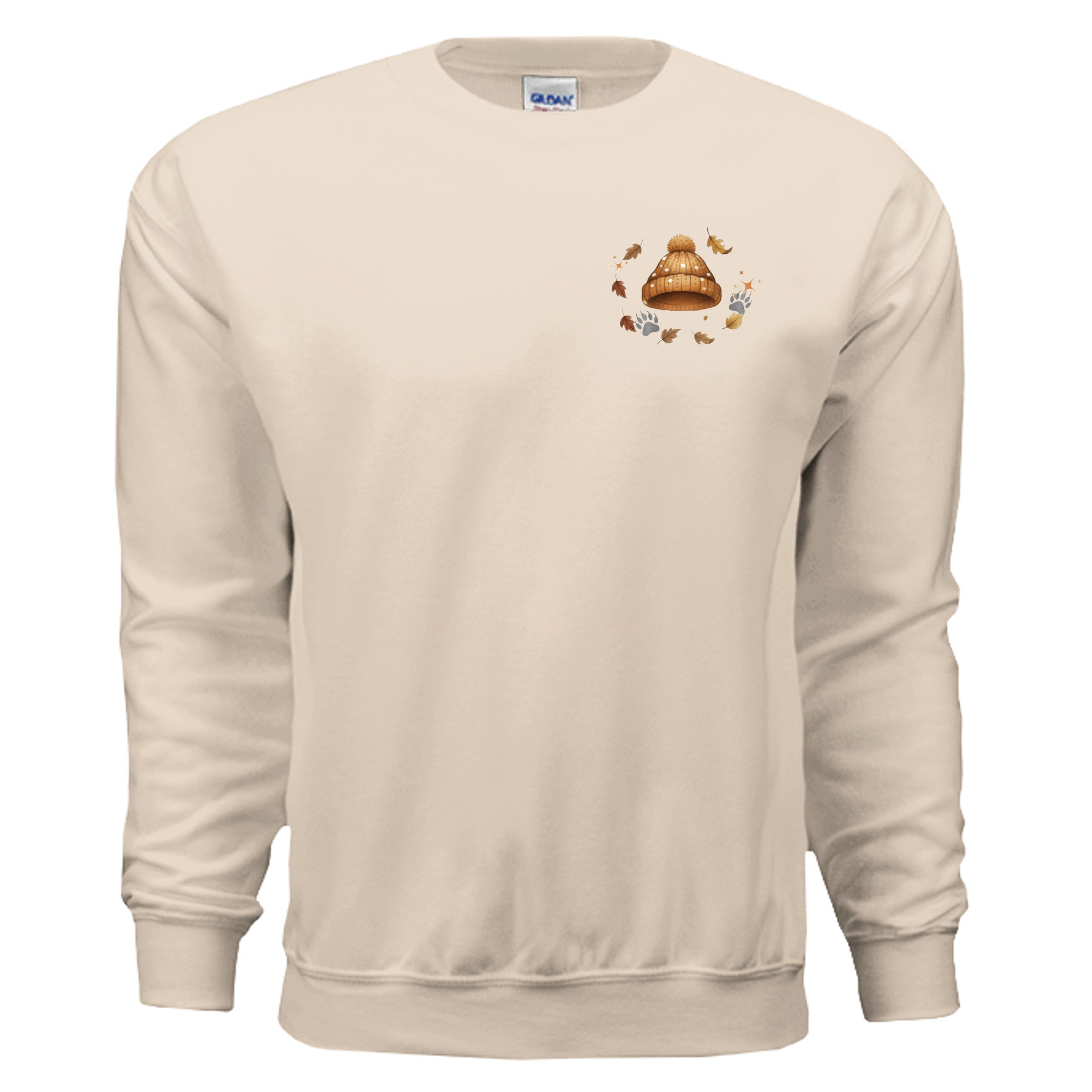 Autumn Leaves Graphic Sweatshirt in sand color featuring pocket graphic and full back print on cozy fleece crew.