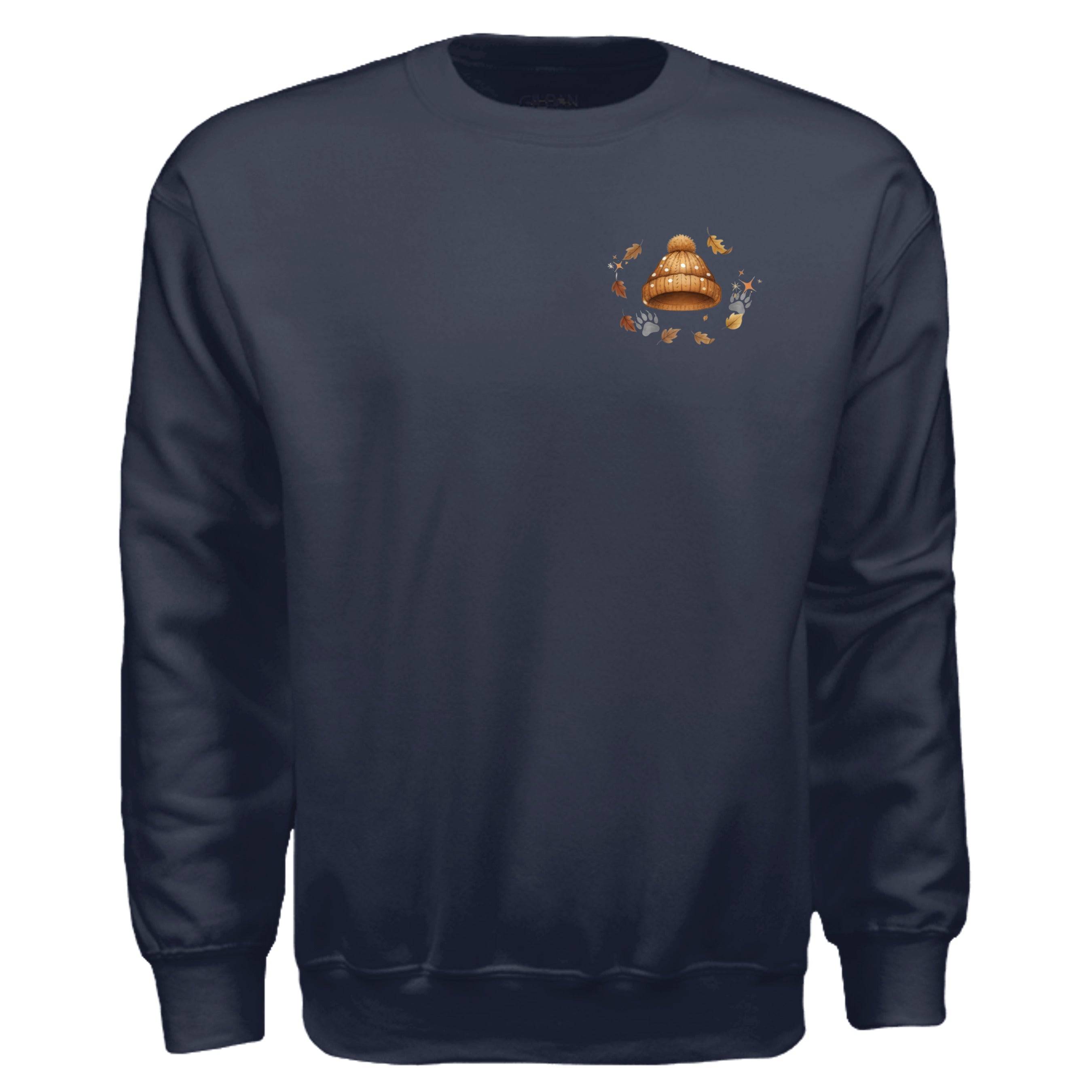 Autumn Leaves Graphic Sweatshirt in navy featuring a pocket graphic and full back print for cozy fall style.