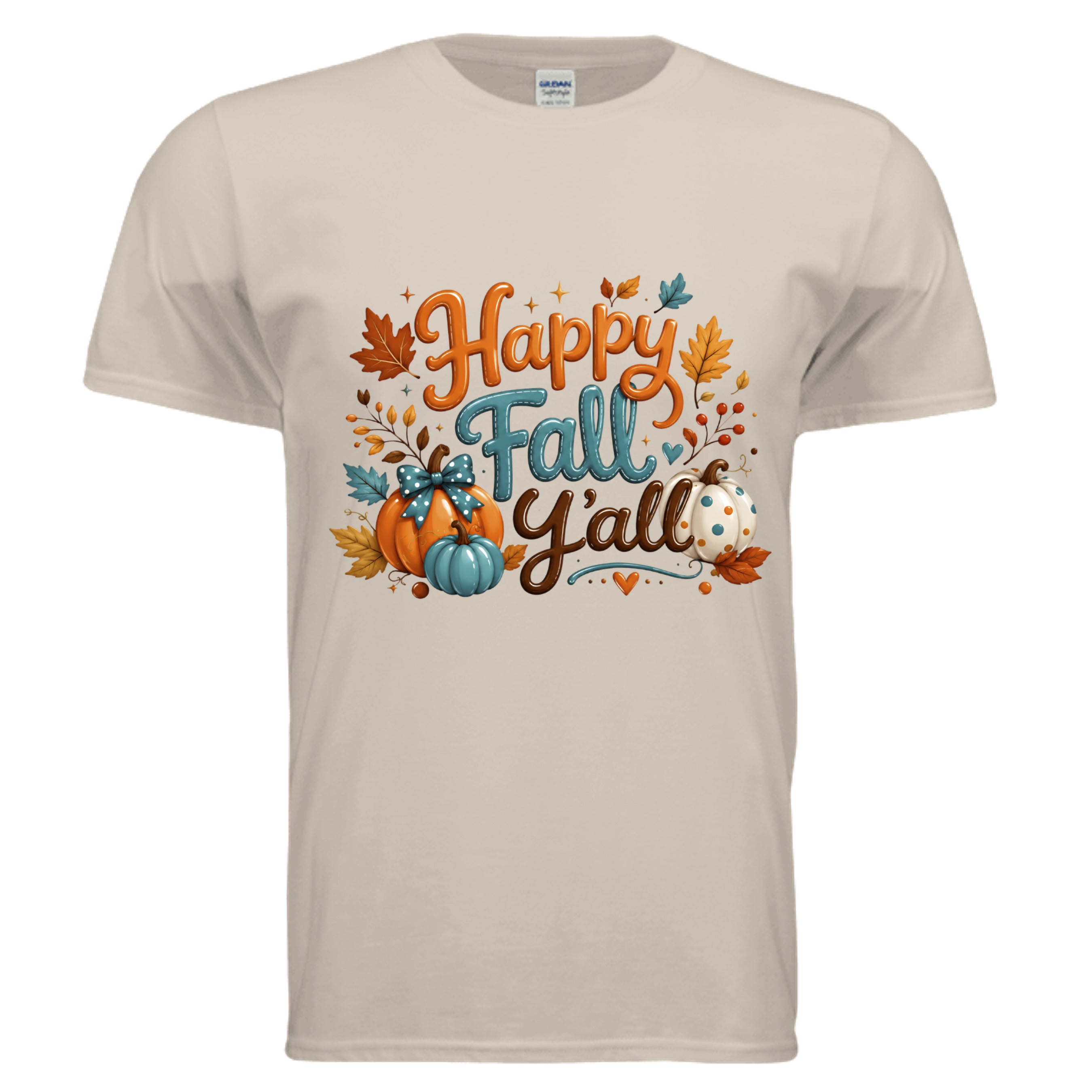Happy Fall graphic tee in sand color featuring pumpkins and fall leaves design.